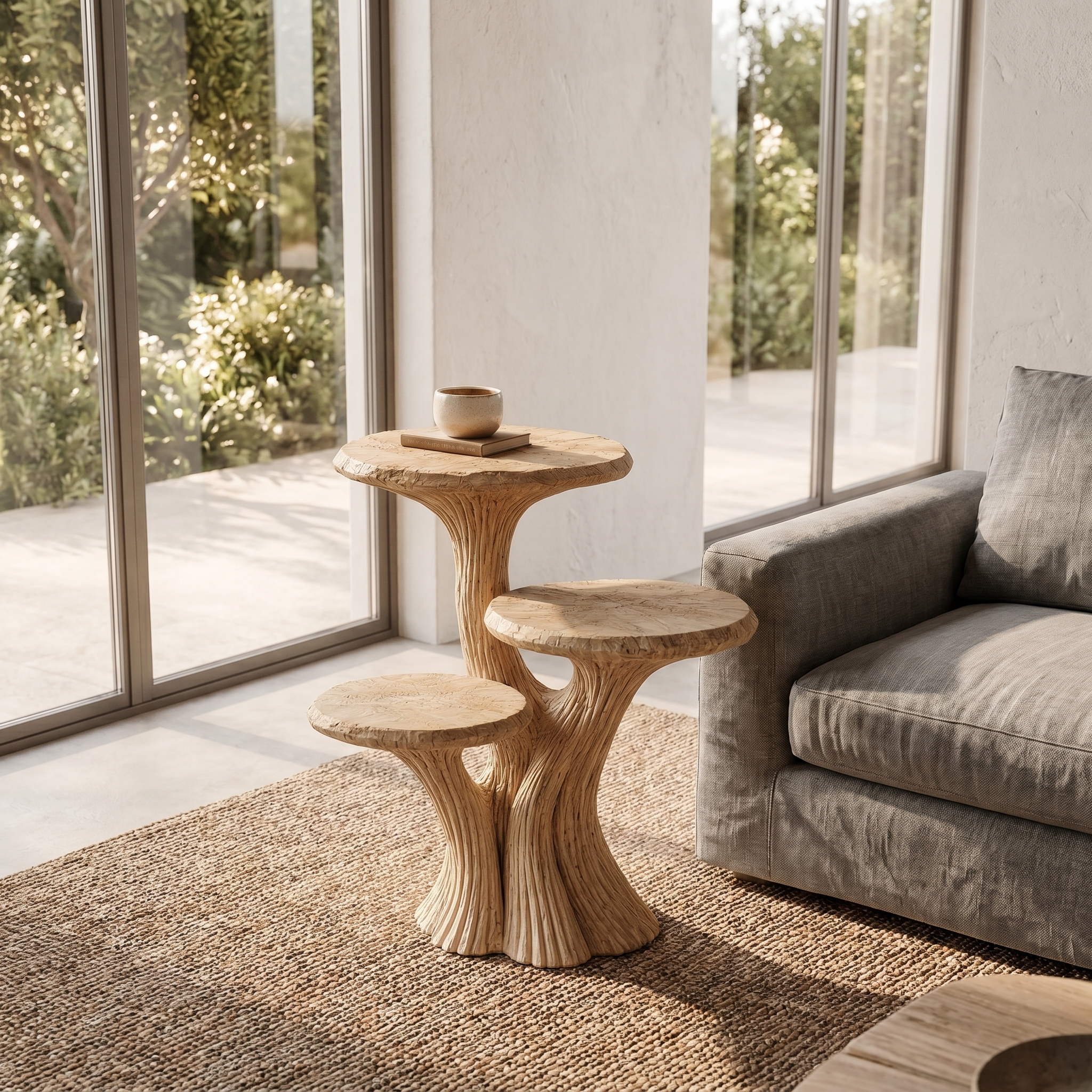 Contemporary Tiered Side Table With Sculptural Solid Wood Design For Living Room And Bedroom SINLHABT249