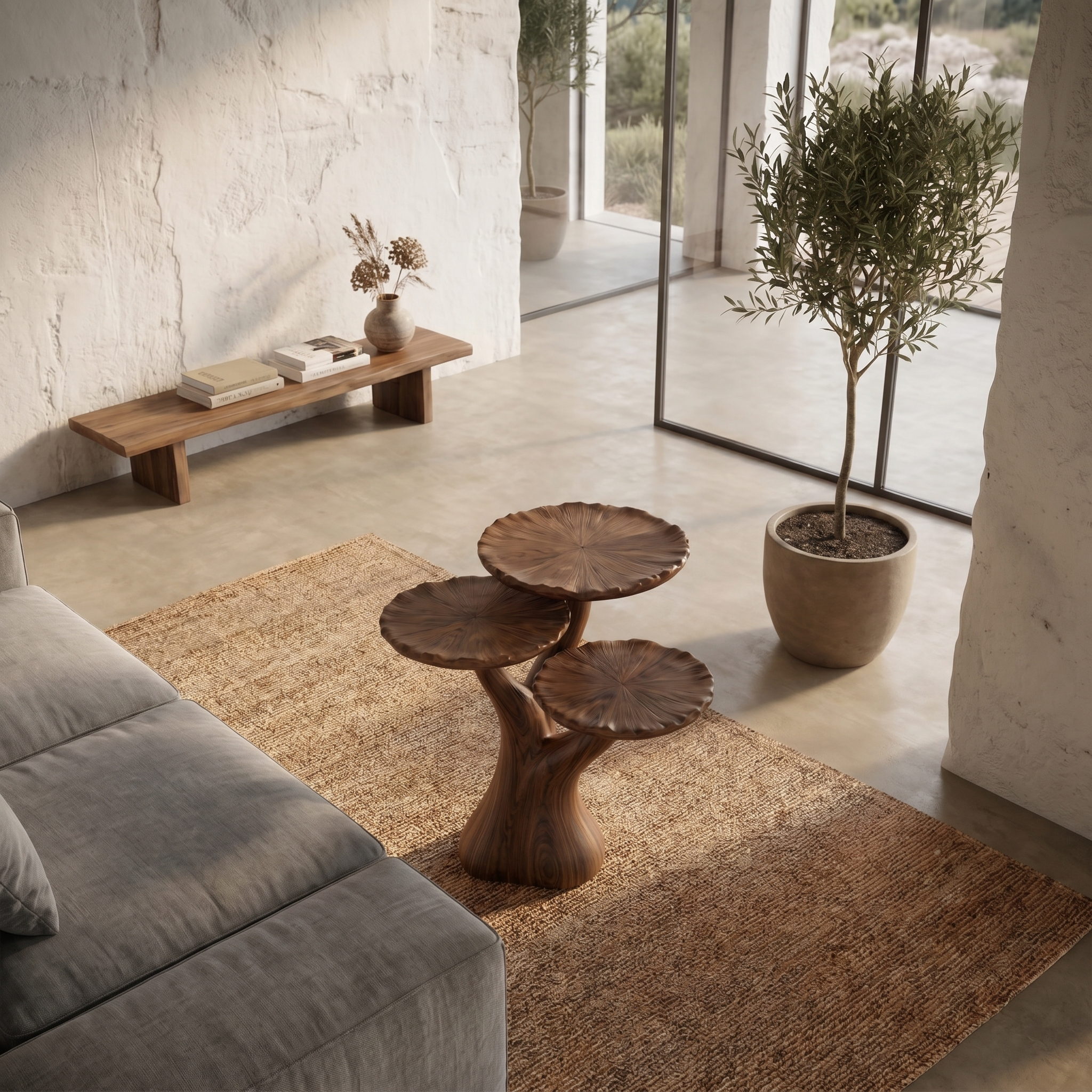 Organic Sculptural Side Table With Multi Tier Solid Wood Shelves For Living Room And Bedroom SINLHABT251