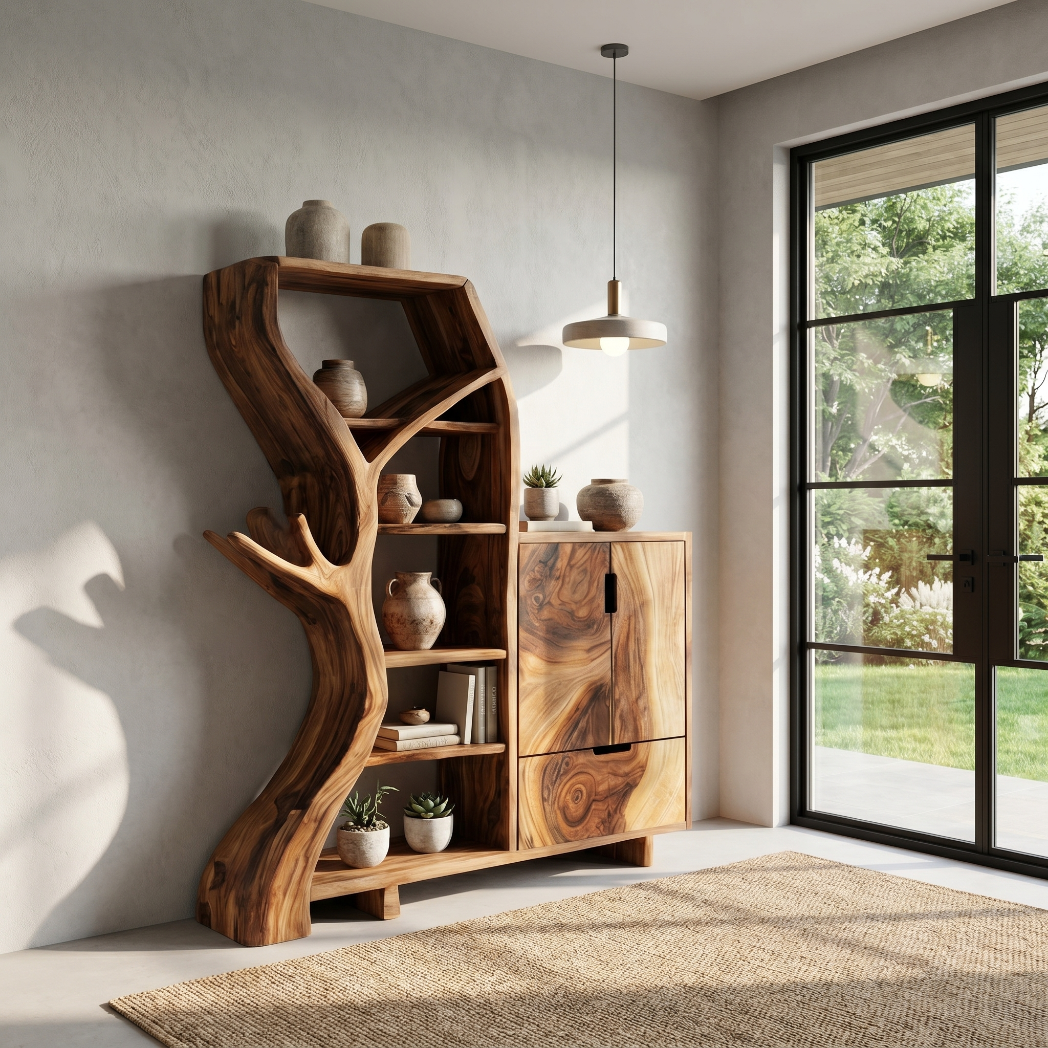 Rustic Storage Cabinet With Tree Bookshelf And Display Shelves For Entryway SINLHASC536
