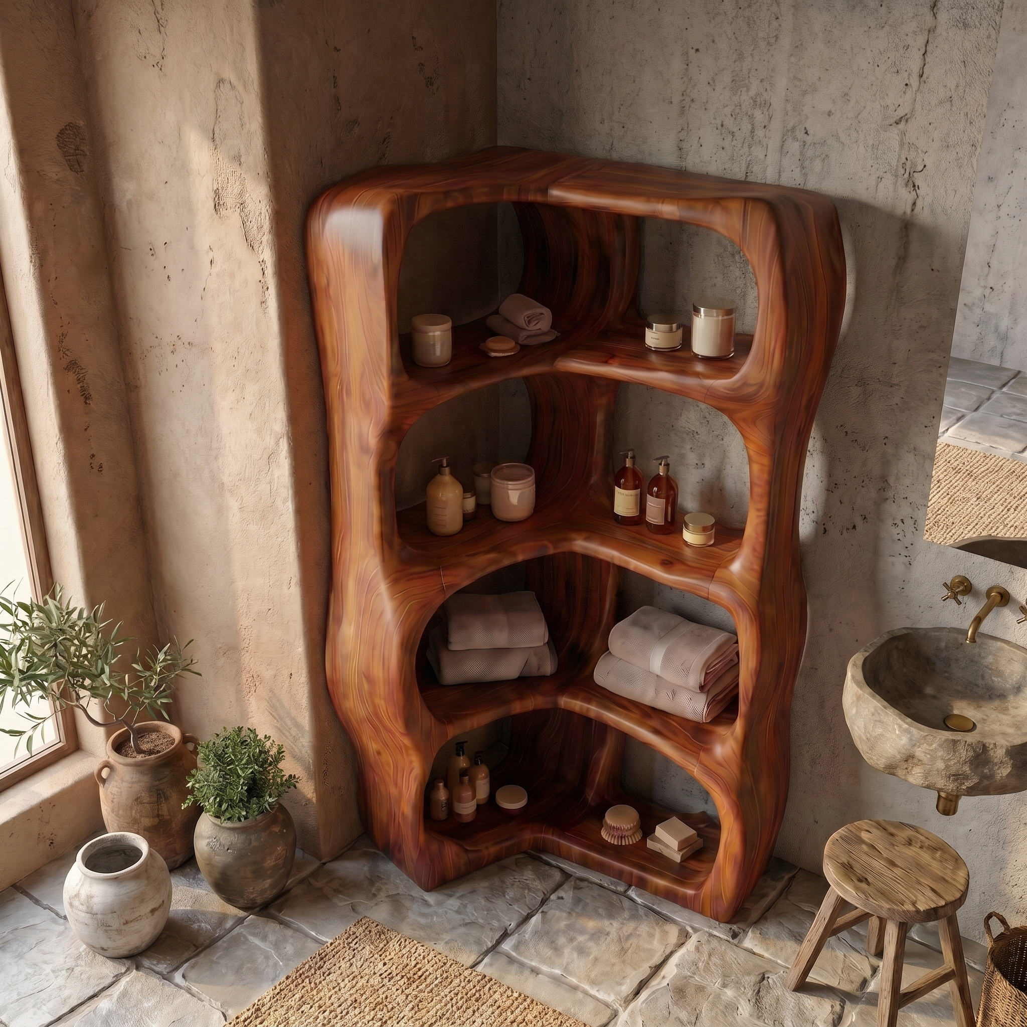 Sculptural Bathroom Cabinet With Freeform Curved Shelves For Bathroom SINLSABCT029