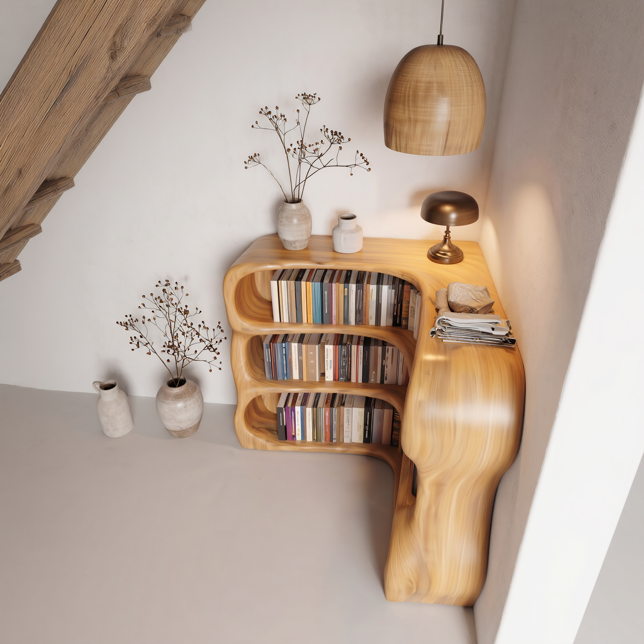Modern Curved Bookshelf With Sculptural Open Shelves For Living Room And Bedroom SINLSABS019
