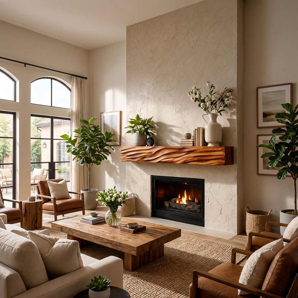 Rustic Wooden Floating Fireplace Shelf For Living Room Interior RTTHTTFS017