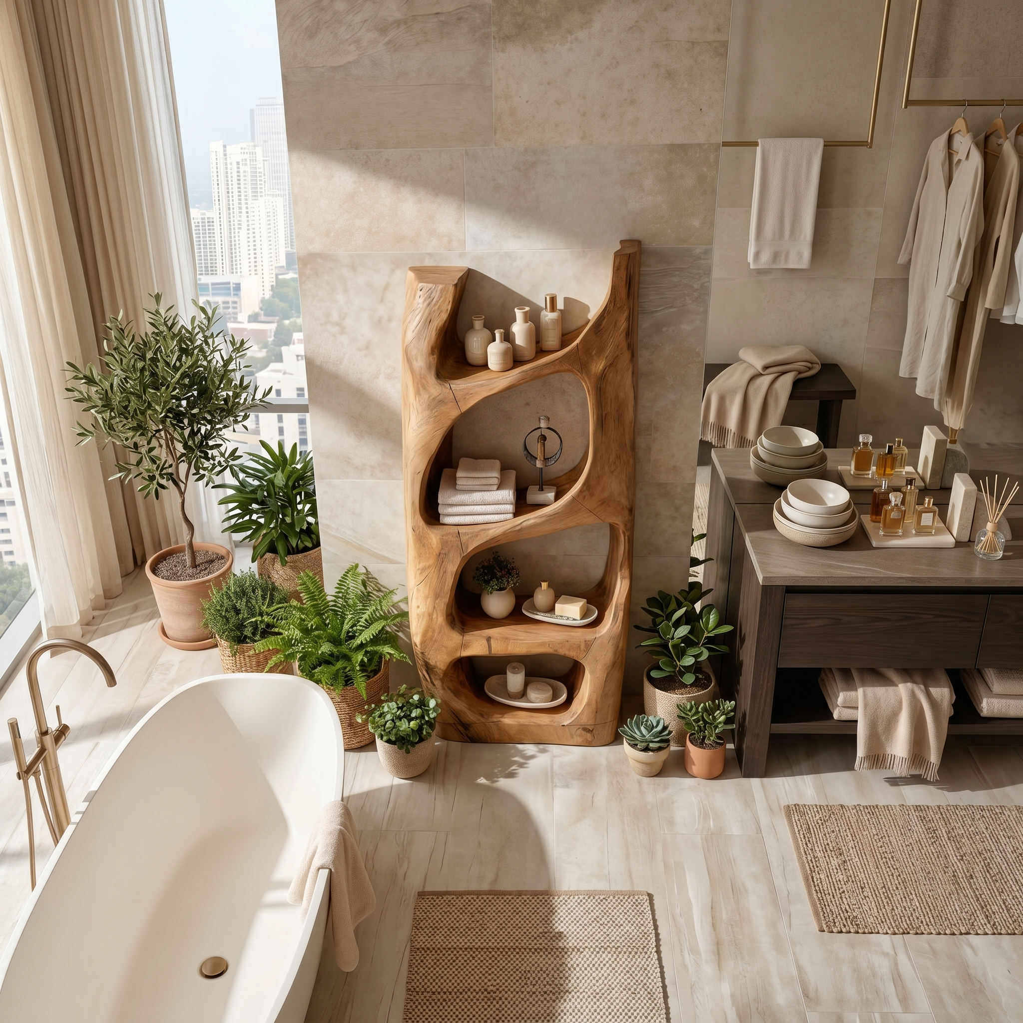 Handcrafted Sculptural Bathroom Shelf For Towels Or Spa Storage SITHTTBAS002