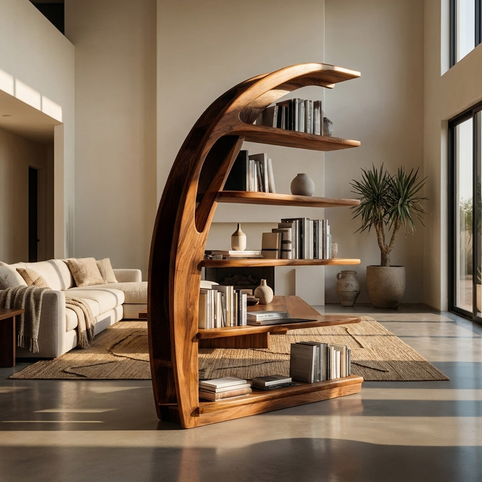 Minimal Curved Wooden Bookshelf For Living Room Display RTTHHNBS178