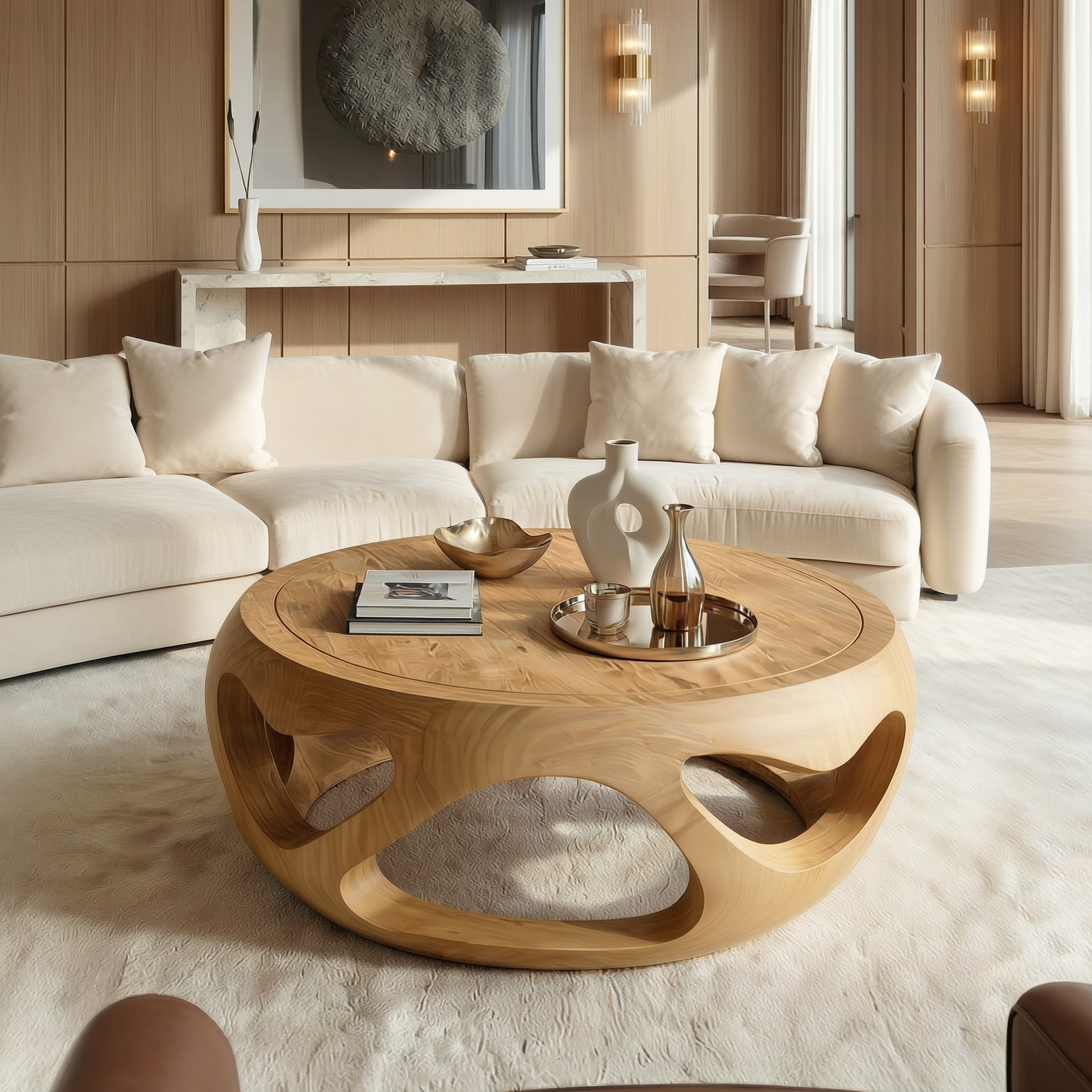 Organic Coffee Table Solid Wood Circular Hollow Structure Living Room SINLSACF352