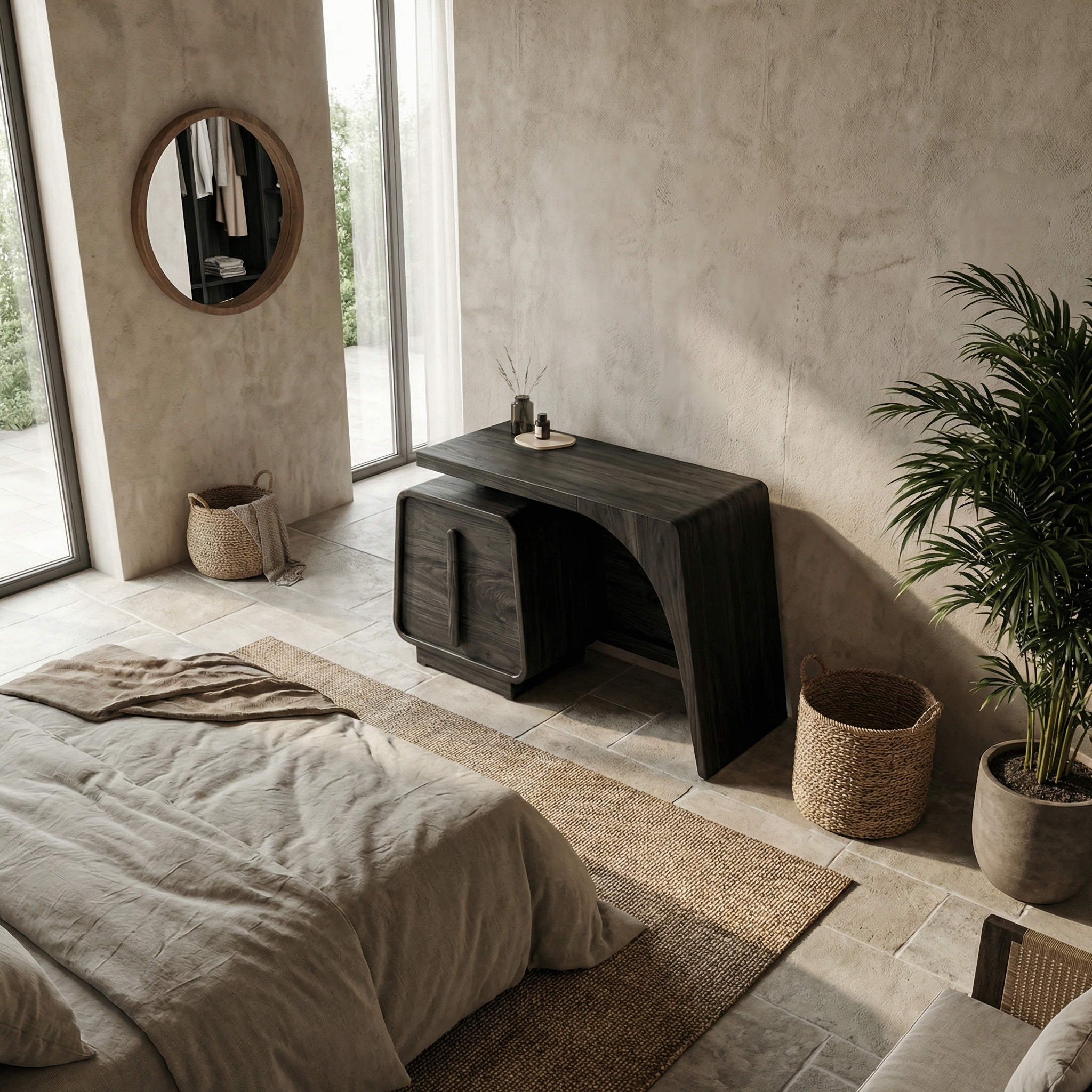 Minimalist Dressing Table With Storage Sculptural Curved Design For Bedroom SINLSABDT051