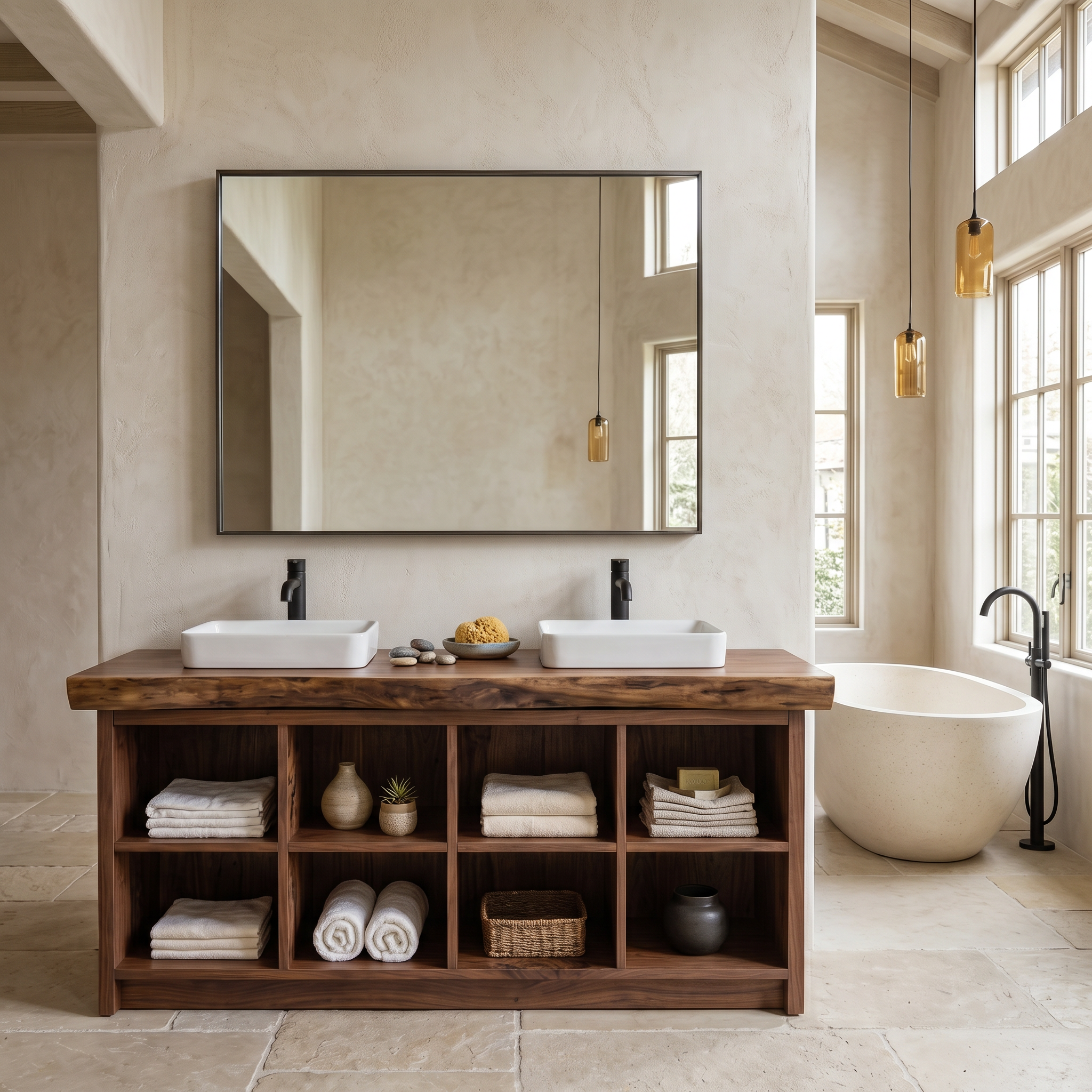 Double Sink Wood Bathroom Vanity With Open Shelves Spa SILDTTRBRV146