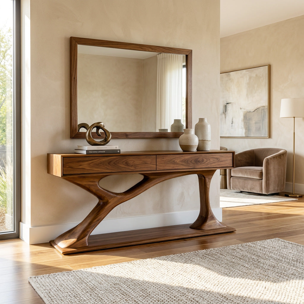 Contemporary Wooden Console Table With Sculptural Base For Living Room RTTHHNCS042