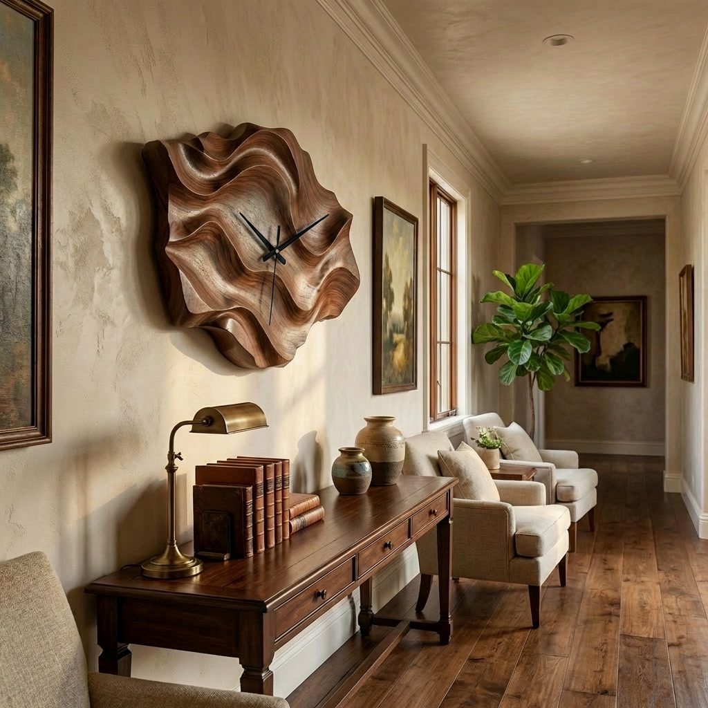 Artistic Wooden Wall Clock Wavy Design For Living Interior RTTHTTWAC012
