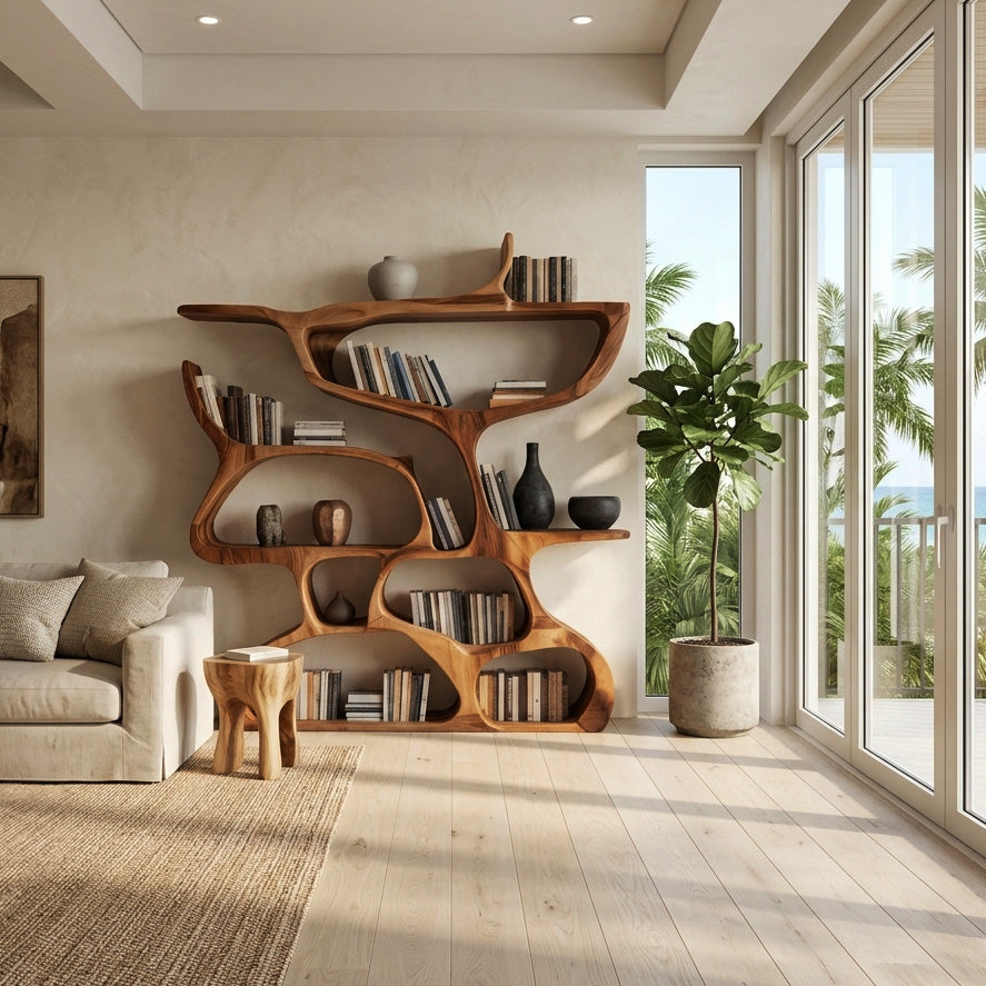 Modern Bookshelf With Organic Carved Design For Living Room Or Office SITHHNBS036