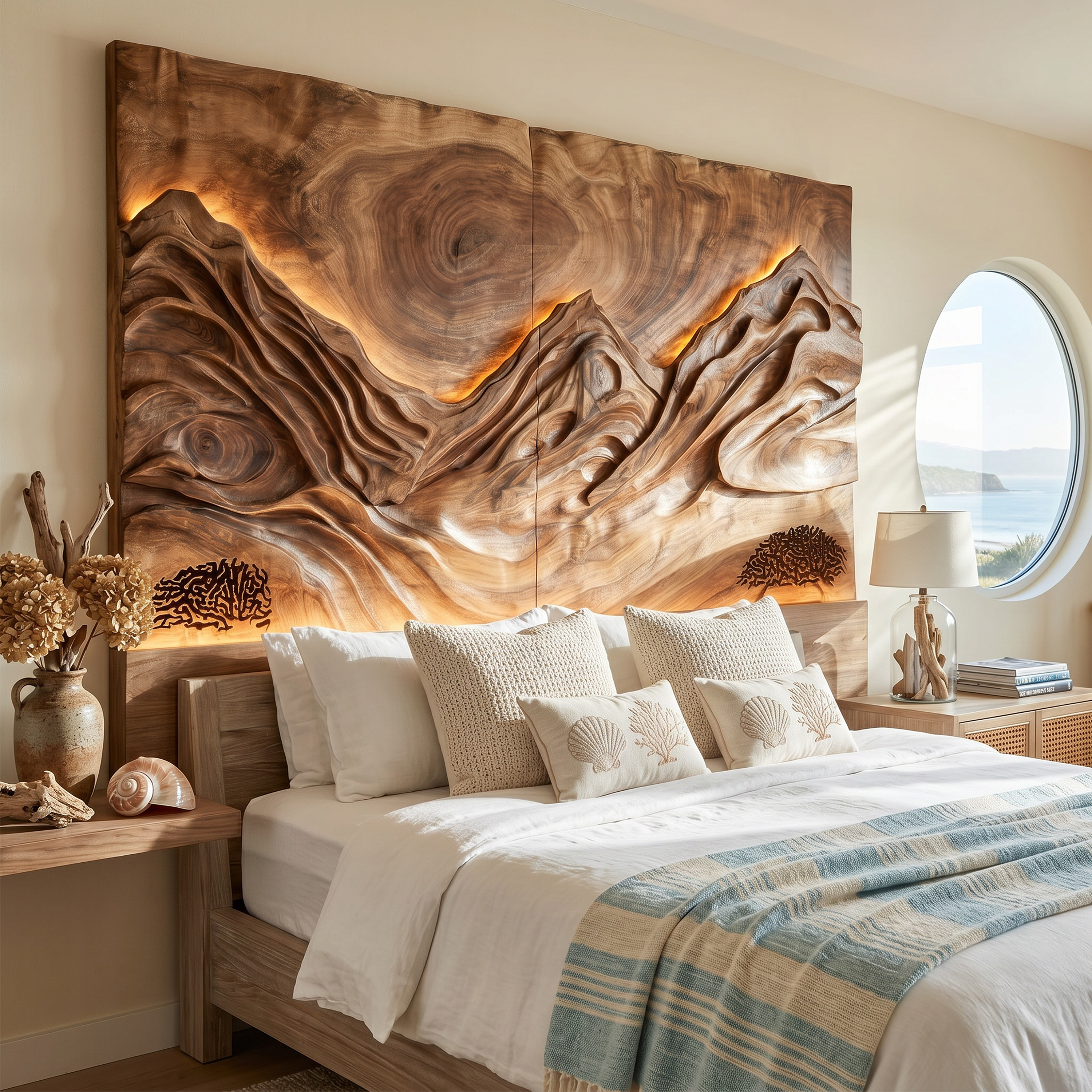 Modern Mountain Relief Wood Headboard For Marble Accent Bedroom SILDTTRHB015