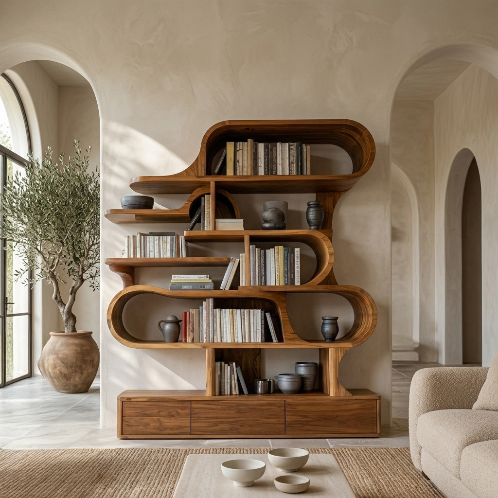 Modern Sculptural Bookshelf With Curved Design For Living Room Or Office SITHHNBS035