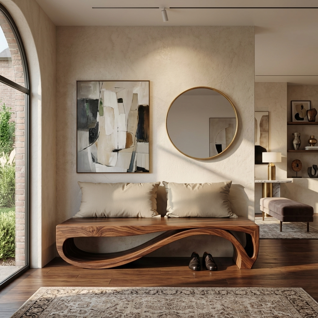 Sculptural Bench With Wave Design For Entryway SITHTTCHR048