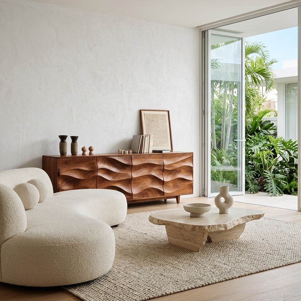 Rustic Wooden Sideboard With Undulating Doors For Living Room RTTHHNSD040