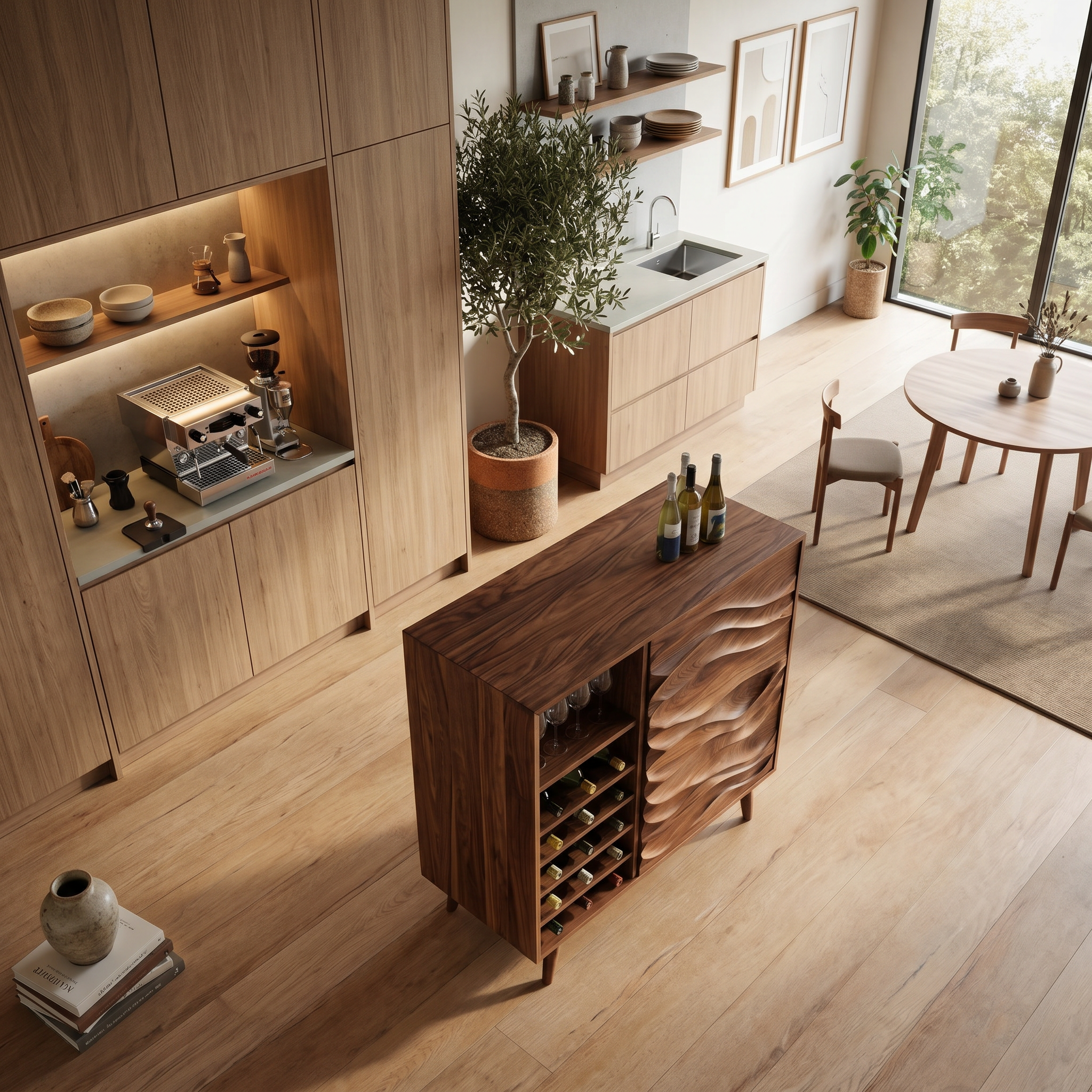 Sculptural Wine Cabinet With Wave Carved Doors For Kitchen SITHTTBCA013