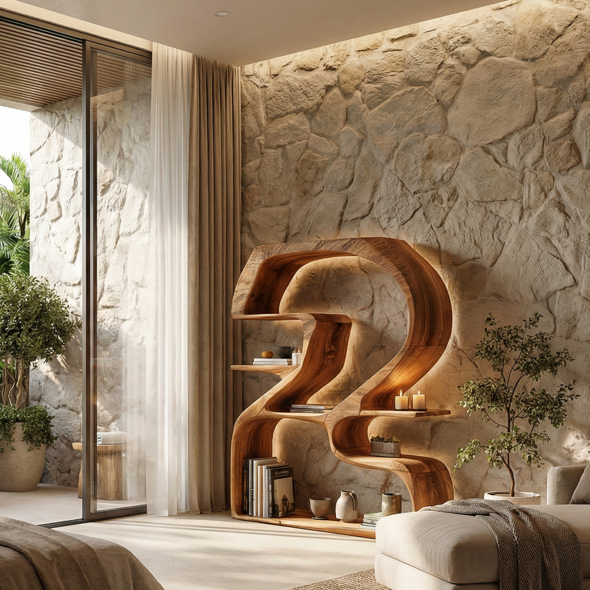 Rustic Sculptural Bookshelf For Living Room And Entryway SINLSASC469