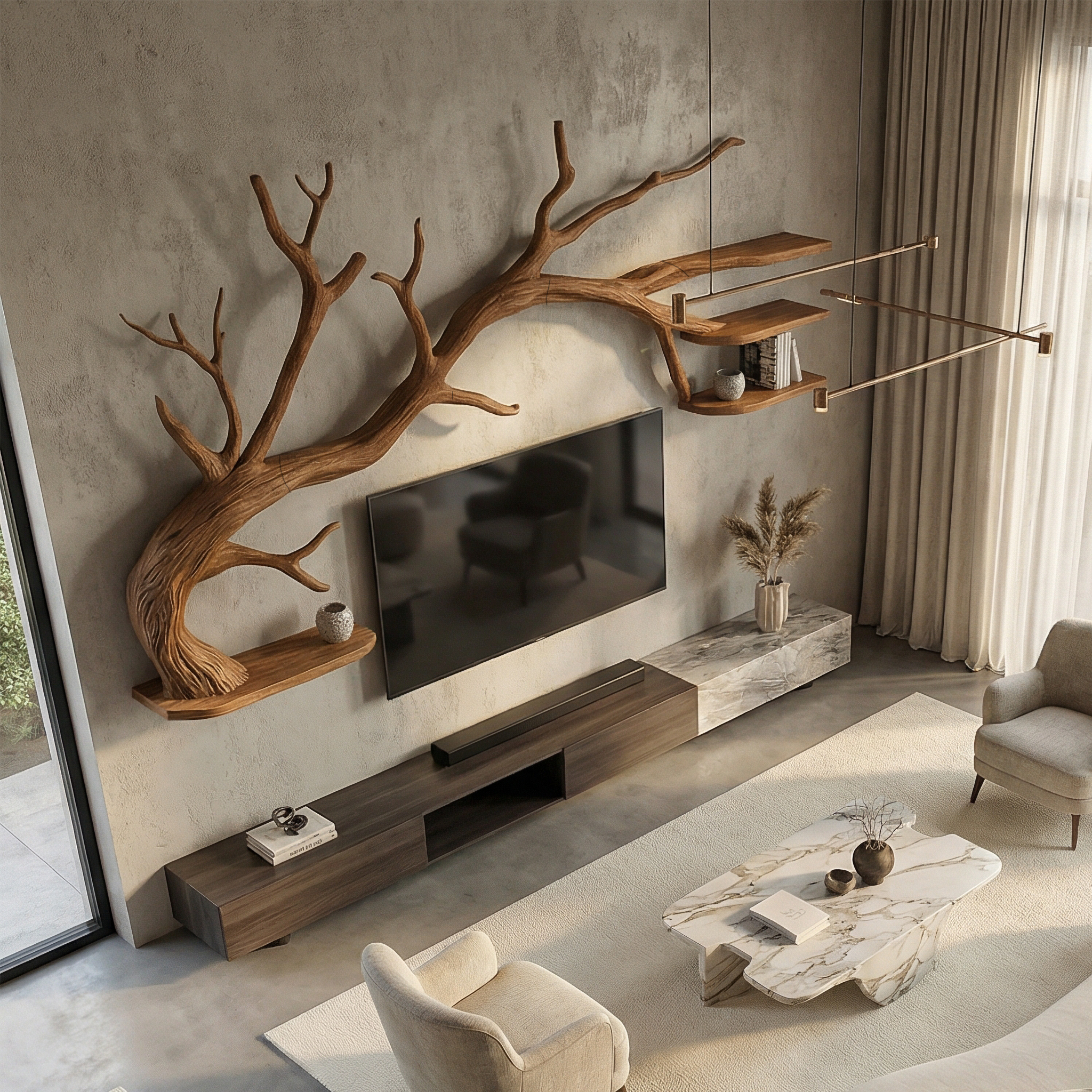 Modern Sculptural Tree TV Wall System For Living Room And Media Area SINLSATB703