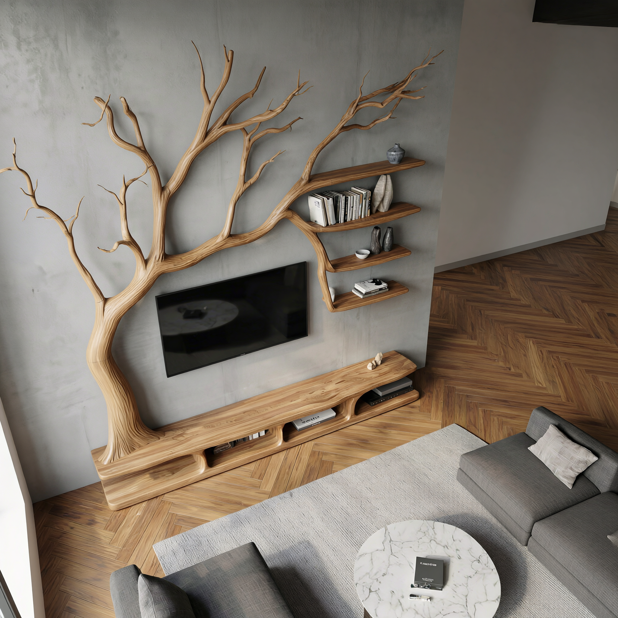 Rustic Artistic Tree TV Cabinet For Living Room And Entertainment Area SINLSATB704