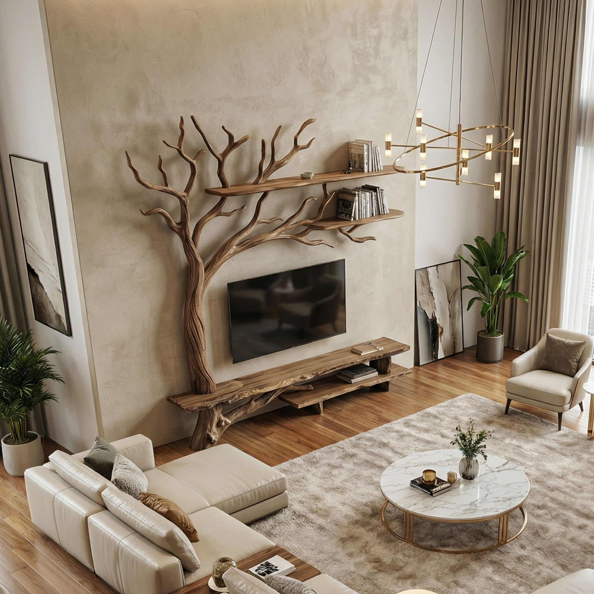 Rustic Tree Wall TV Stand System For Living Room And Media Space SINLSATB705
