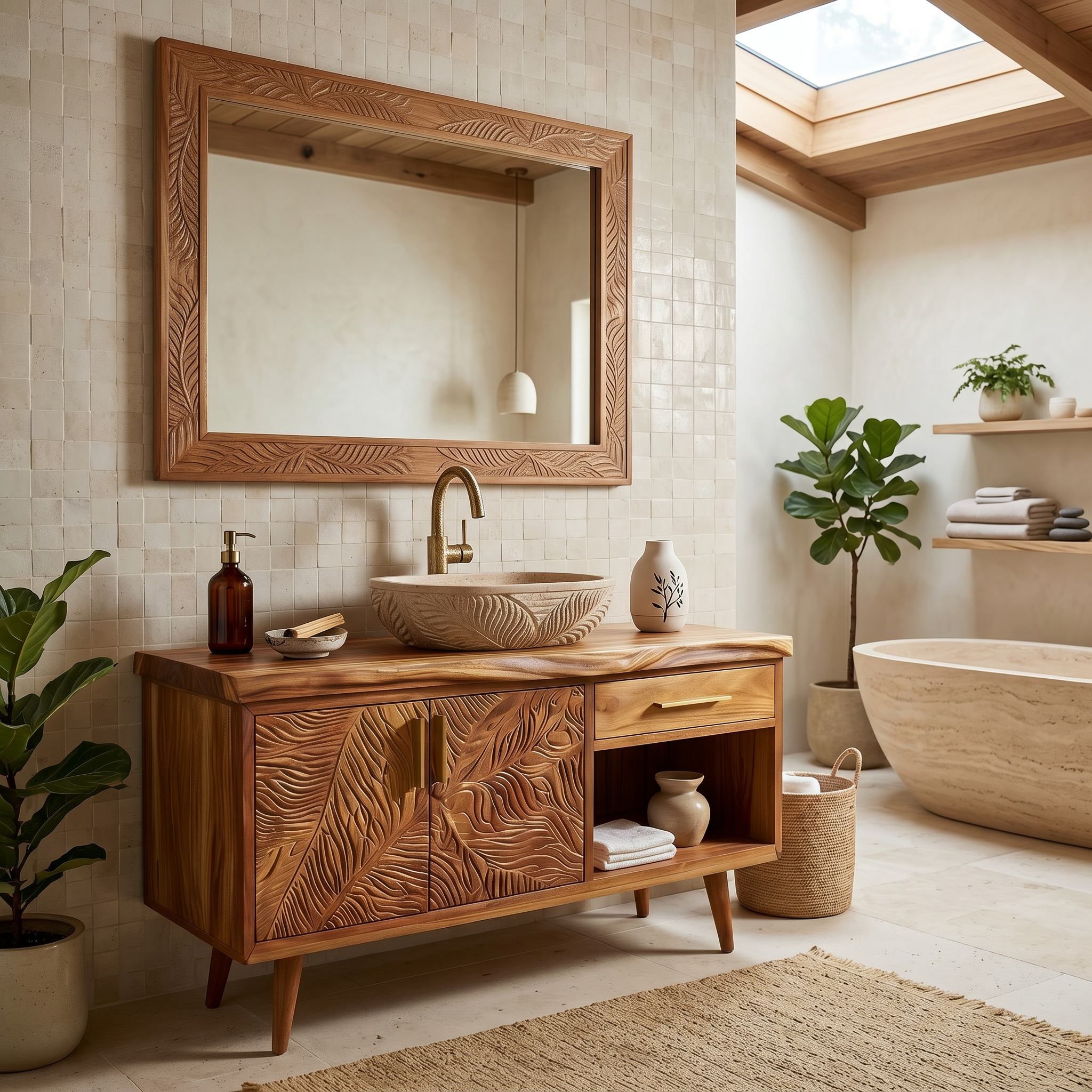 Luxury Wooden Vanity Cabinet With Leaf Carving Spa Bathroom SILDTTRBRV144