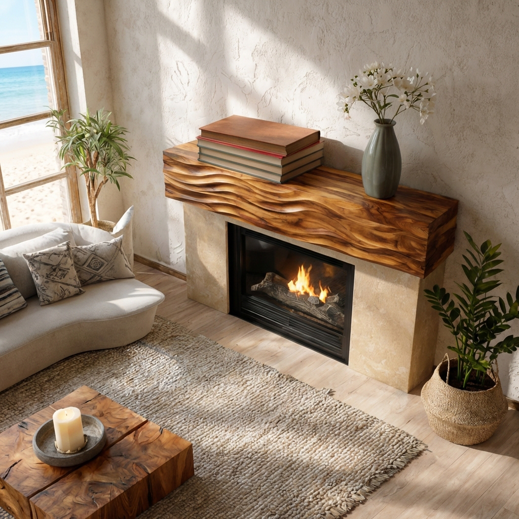 Rustic Wooden Fireplace Shelf With Wave Carved For Living Room RTTHTTFS015