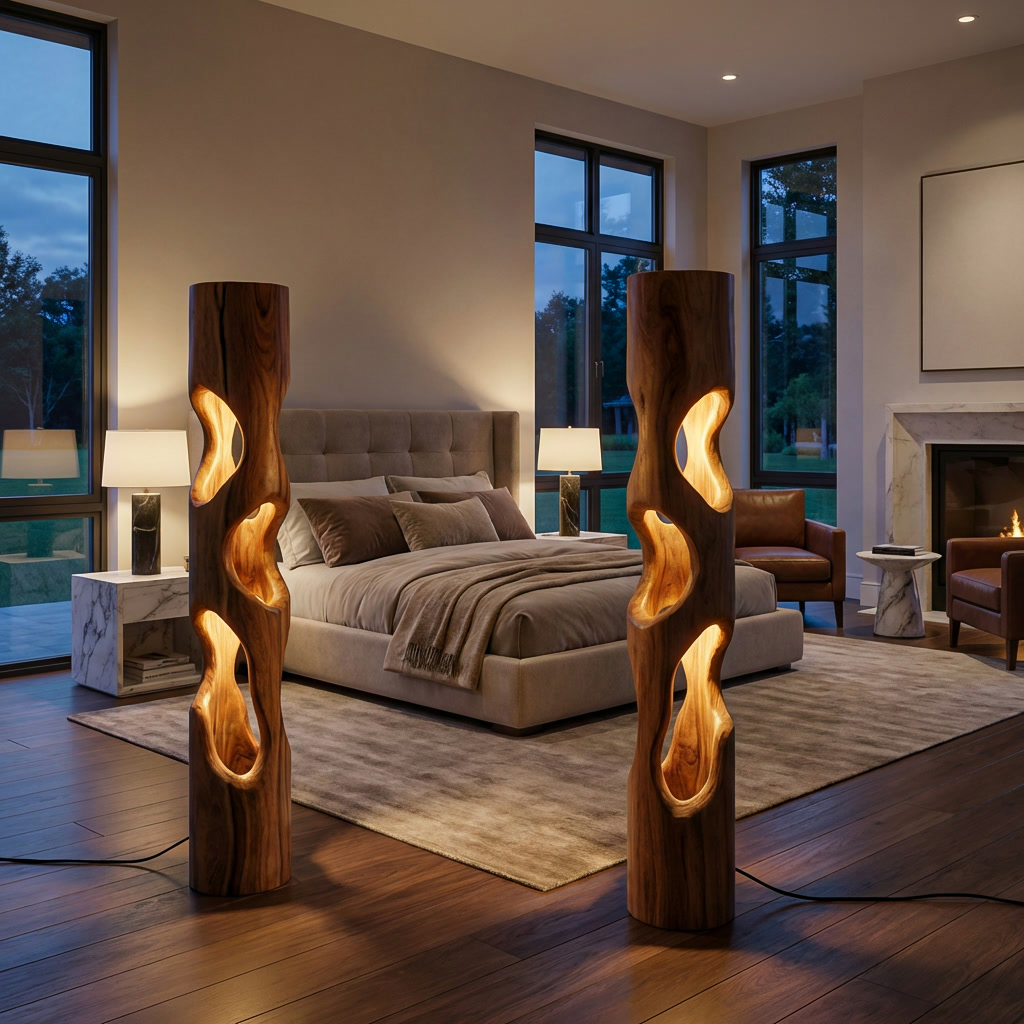Rustic Wooden Floor Lamp With Sculptural Hollow For Cozy Bedroom RTTHTTLAM052