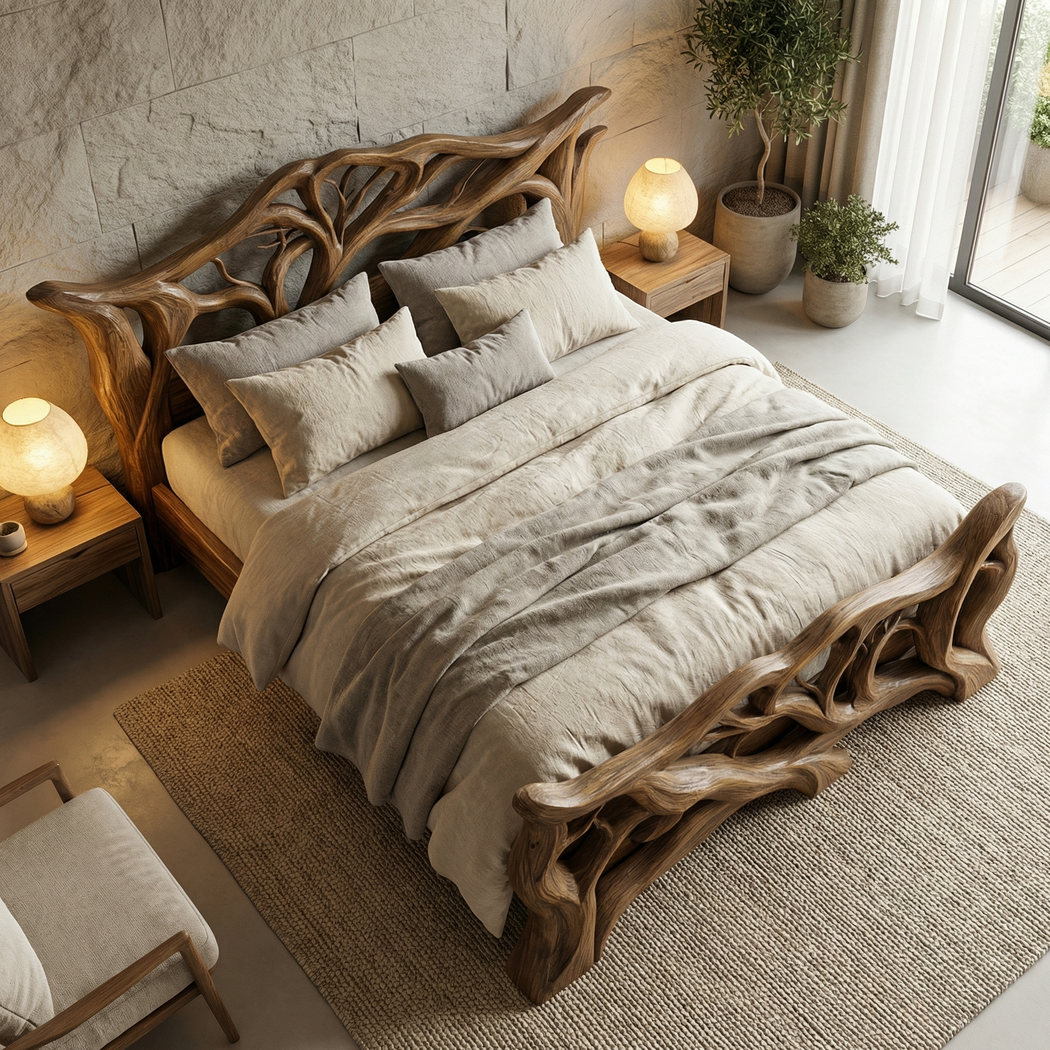Minimal Organic Bed Frame Solid Wood Smooth Flowing Design Bedroom SINLHAWB114