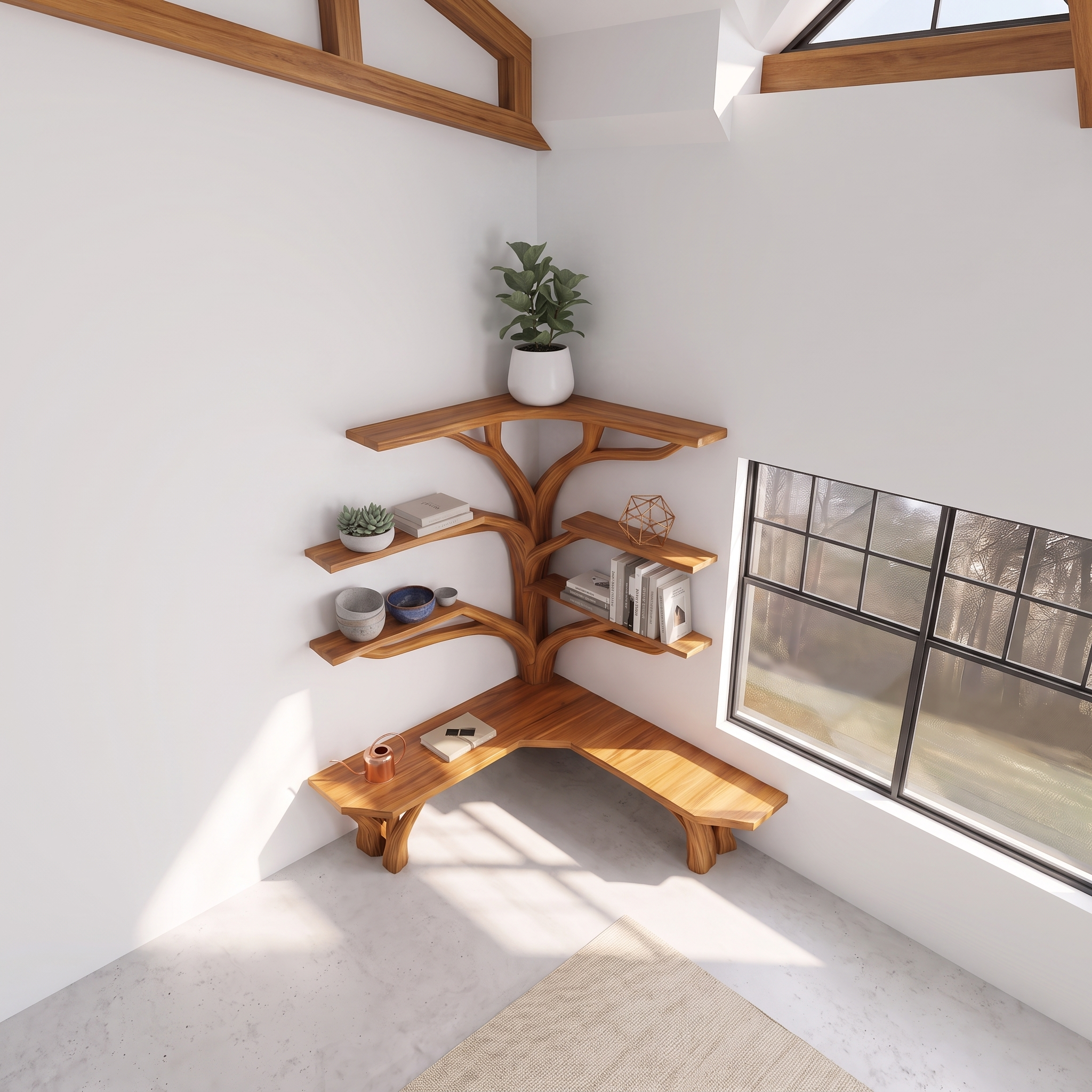 Rustic Corner Tree Shelf Reading Nook SINLSATB228