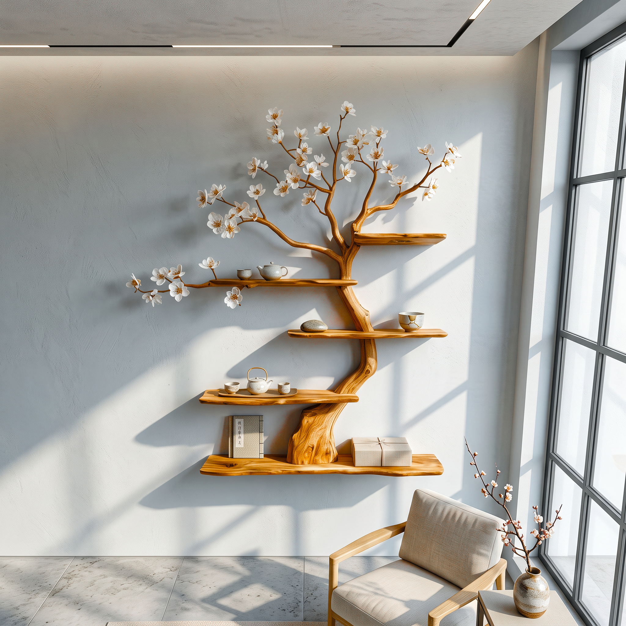 Rustic Wooden Tree Shelf Solid Wood Wall Accent Home Decor SINLSATBS077