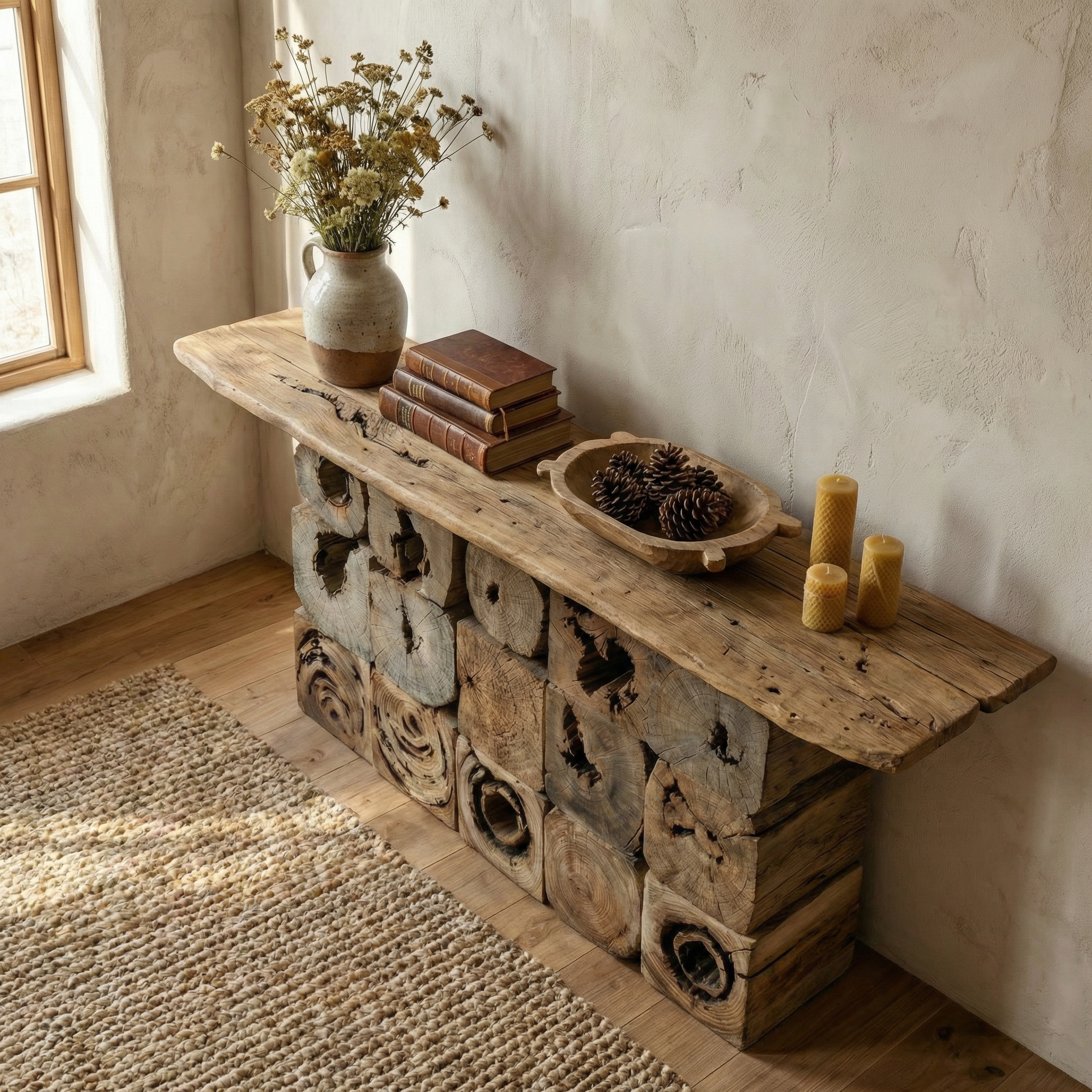 Rustic Natural Wood Log Console Table Solid Wood Entryway Living Room SINLCS520