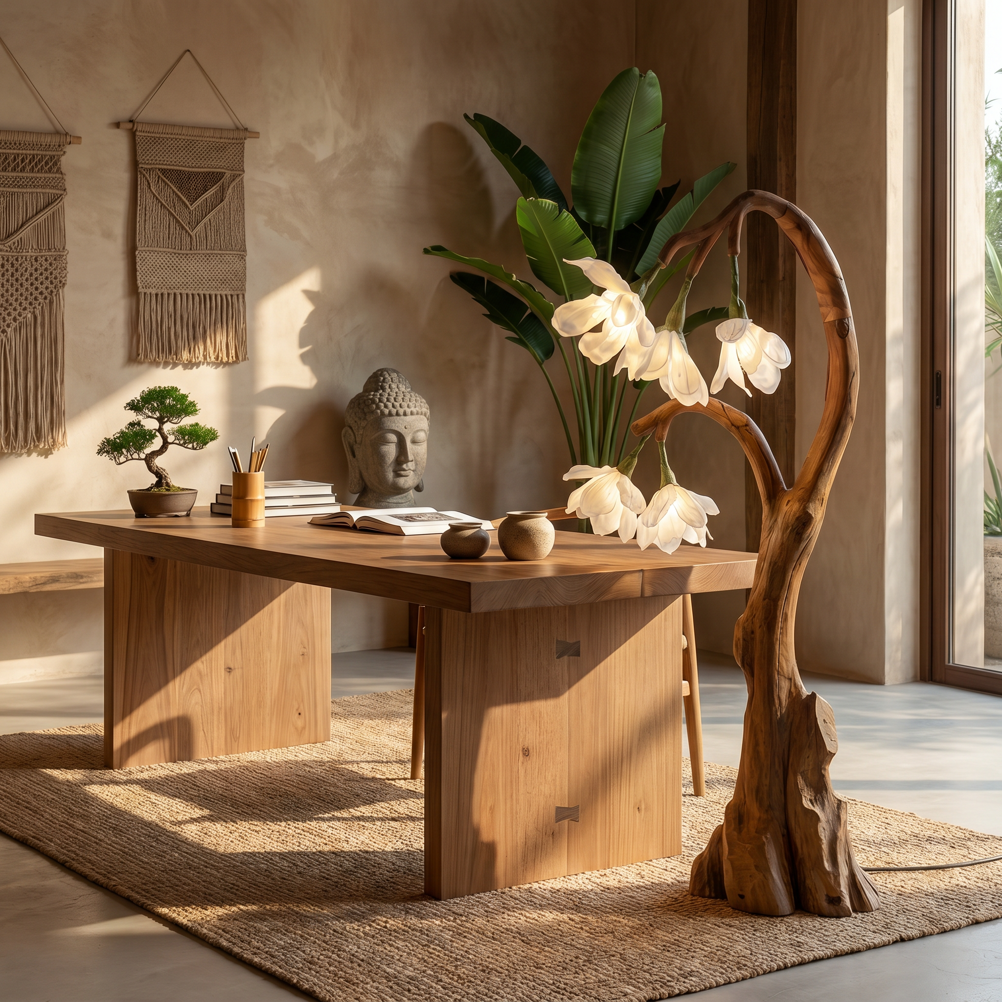 Artistic Floral Floor Lamp With Natural Wood Base For Living Room And Bedroom SINLSAFLP077