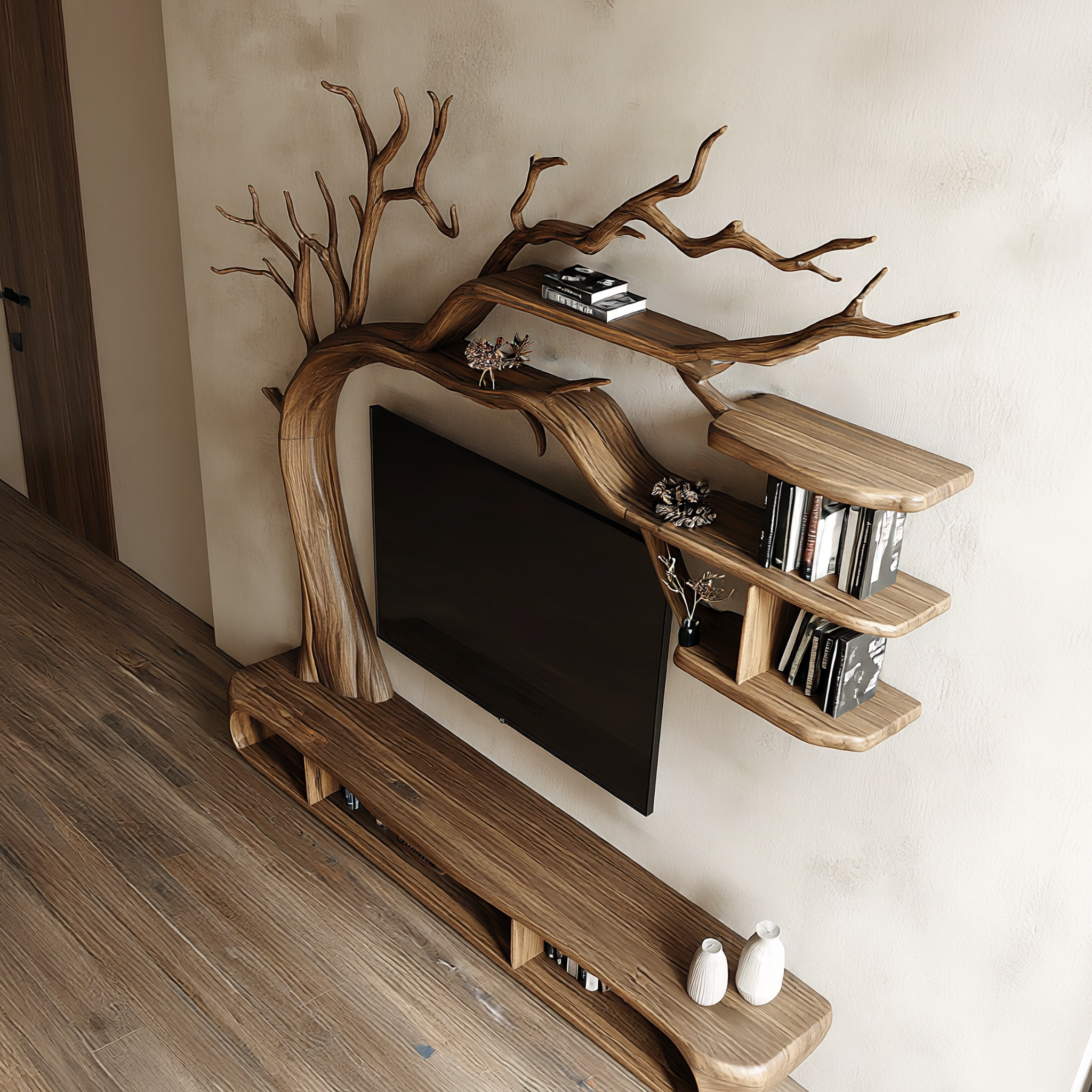 Rustic Sculptural Tree TV Unit For Living Room And Media Area SINLSATB700