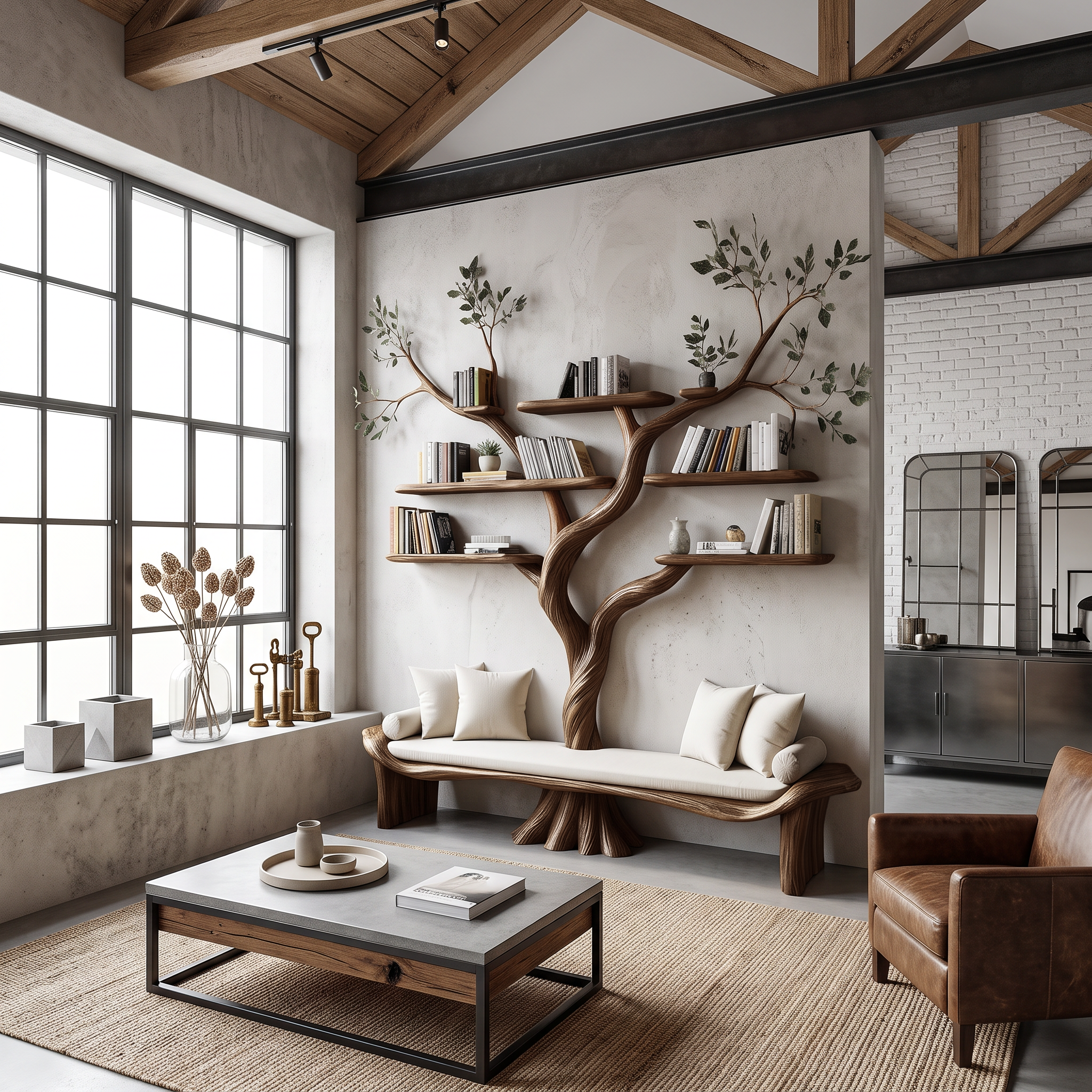 Rustic Sculptural Tree Bookshelf Bench Living Room Interior Statement Furniture SINLSATB644