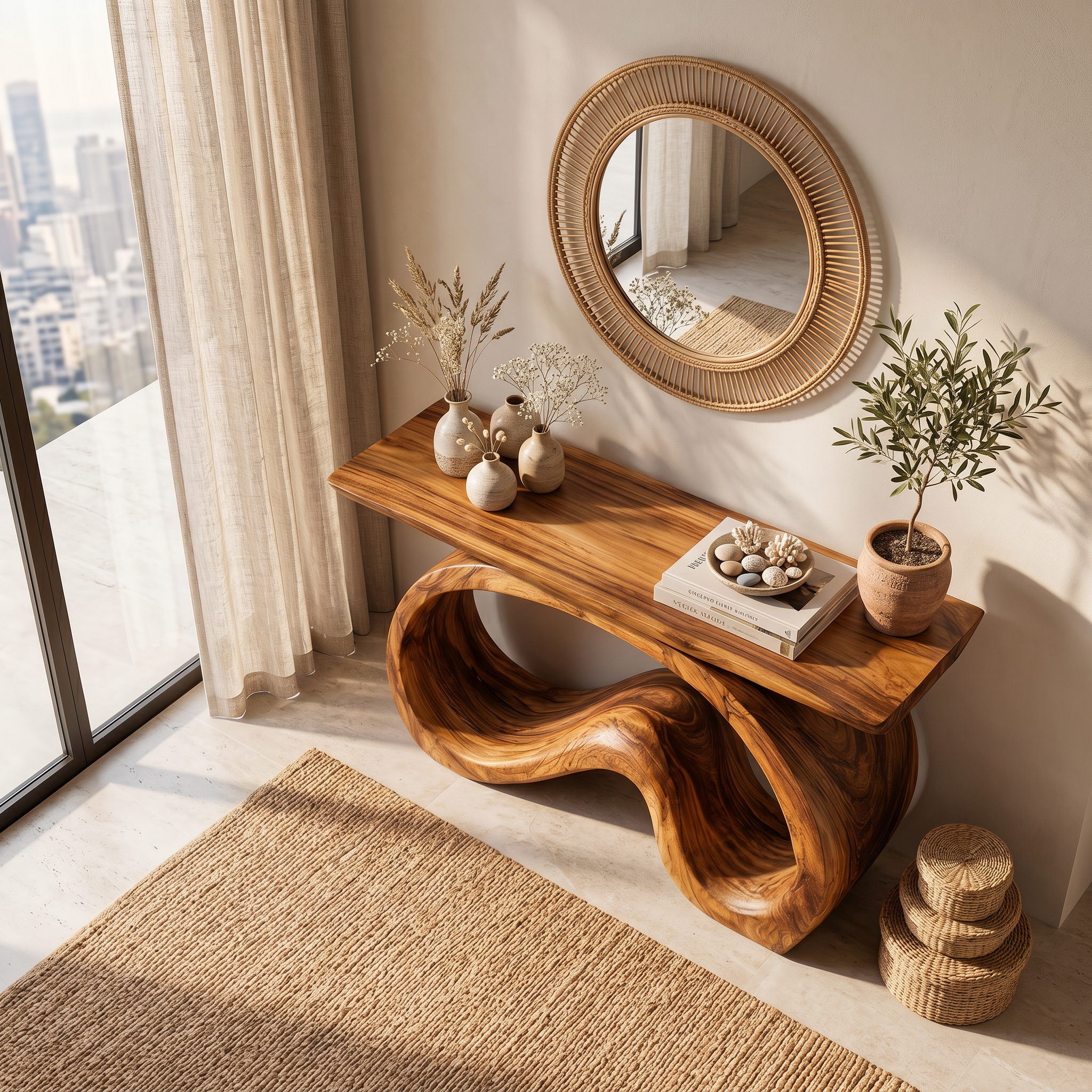 Artistic Wooden Console Table With Flowing Wood Base For Living RTTHTTCS024