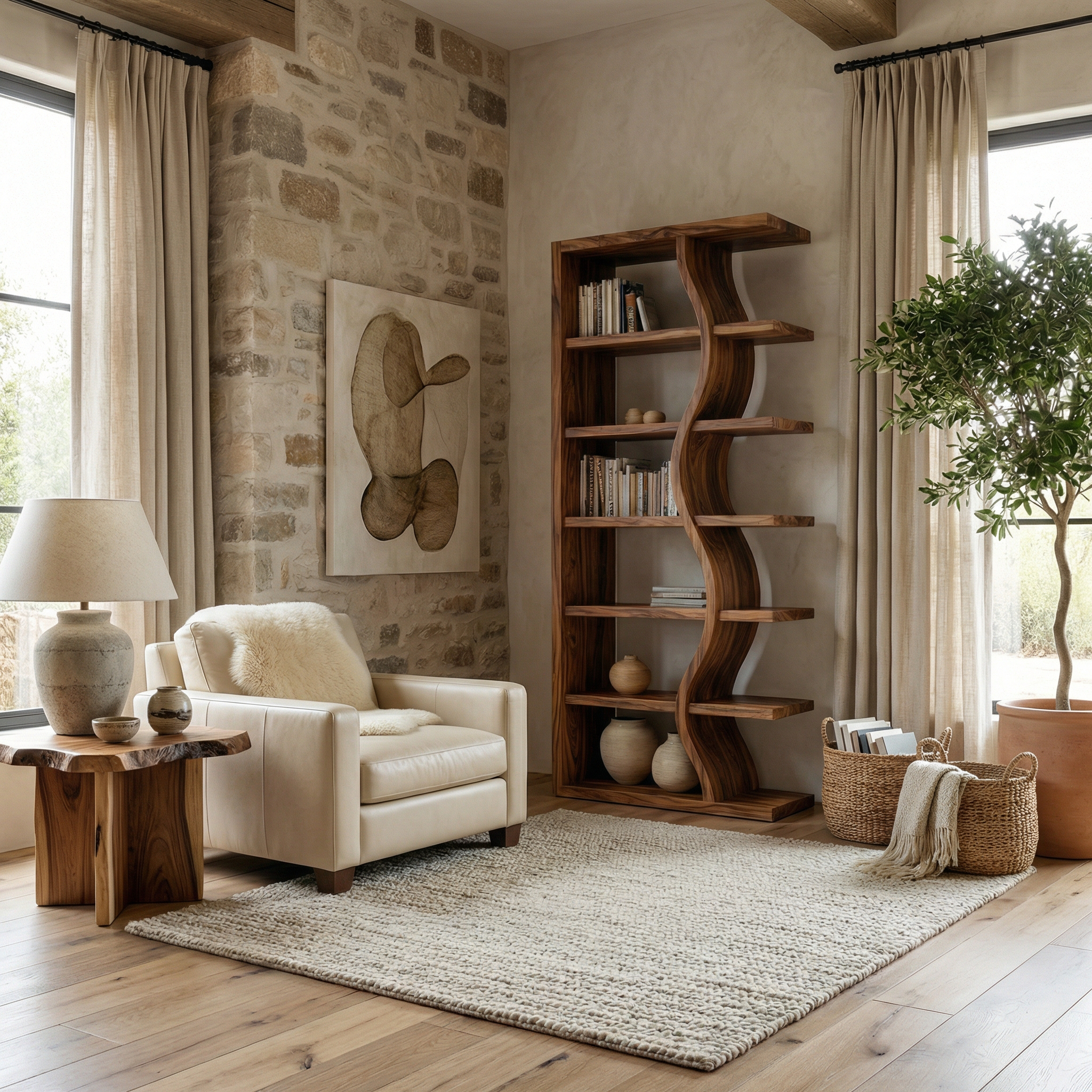 Rustic Wave Bookshelf For Living Room And Studio SINLSASC480