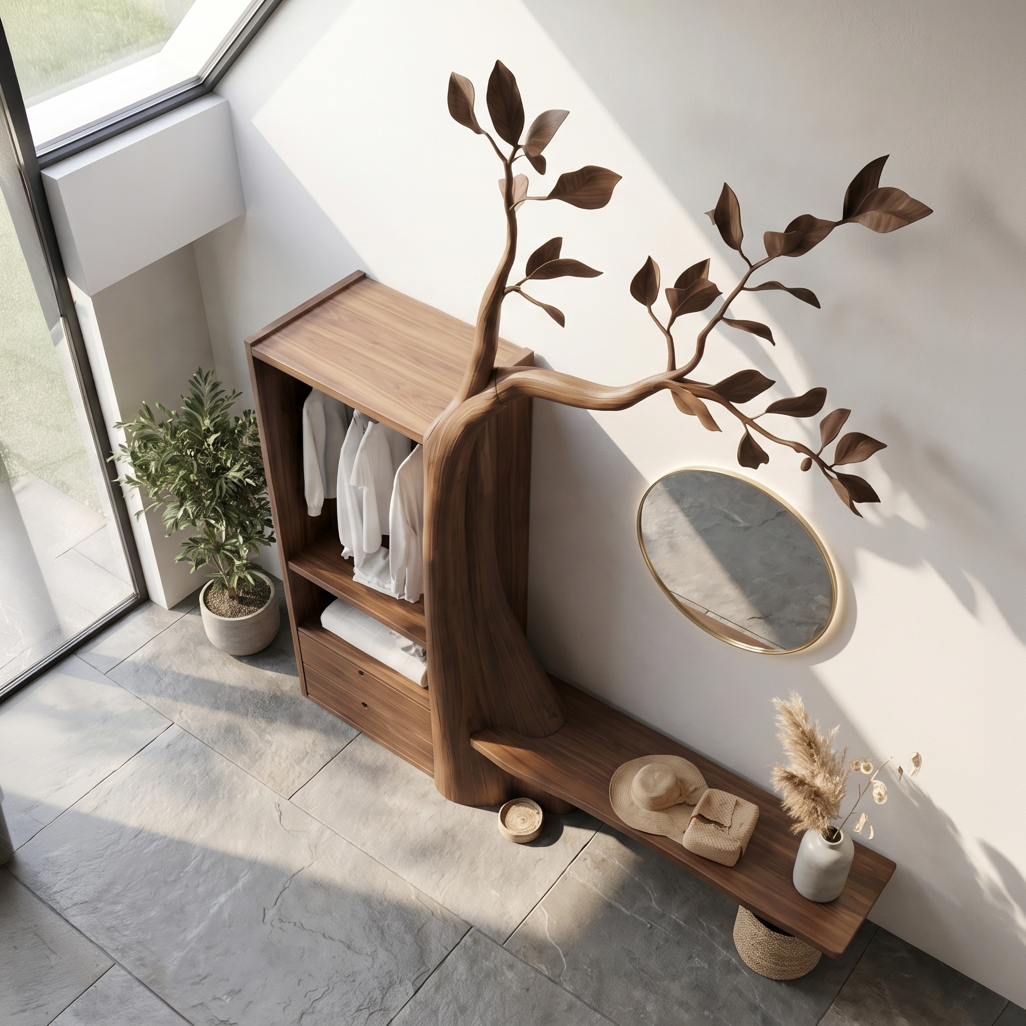 Organic Modern Tree Coat Rack Seating Bench Entryway And Bedroom SINLSATCR116