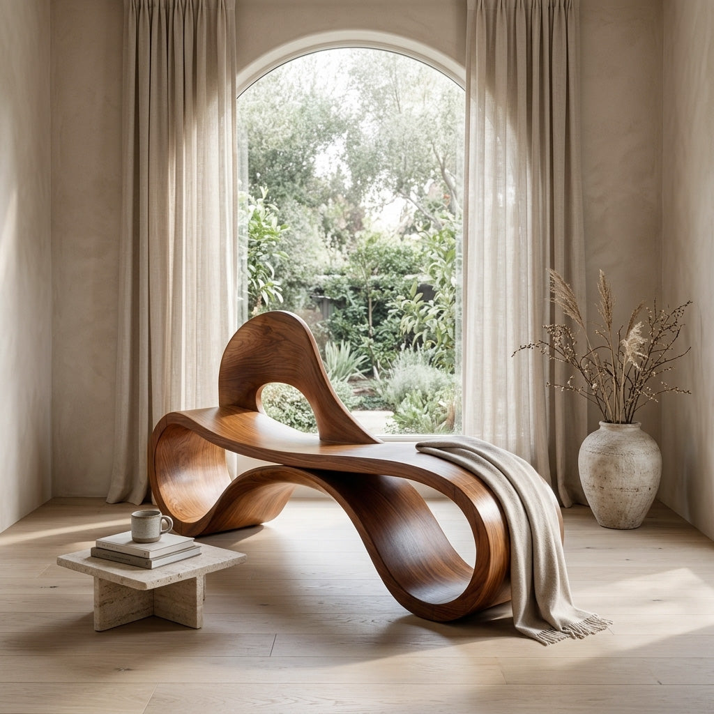 Artistic Wooden Bench With Flowing Sculpture For Luxury Interior RTTHHNCHR161