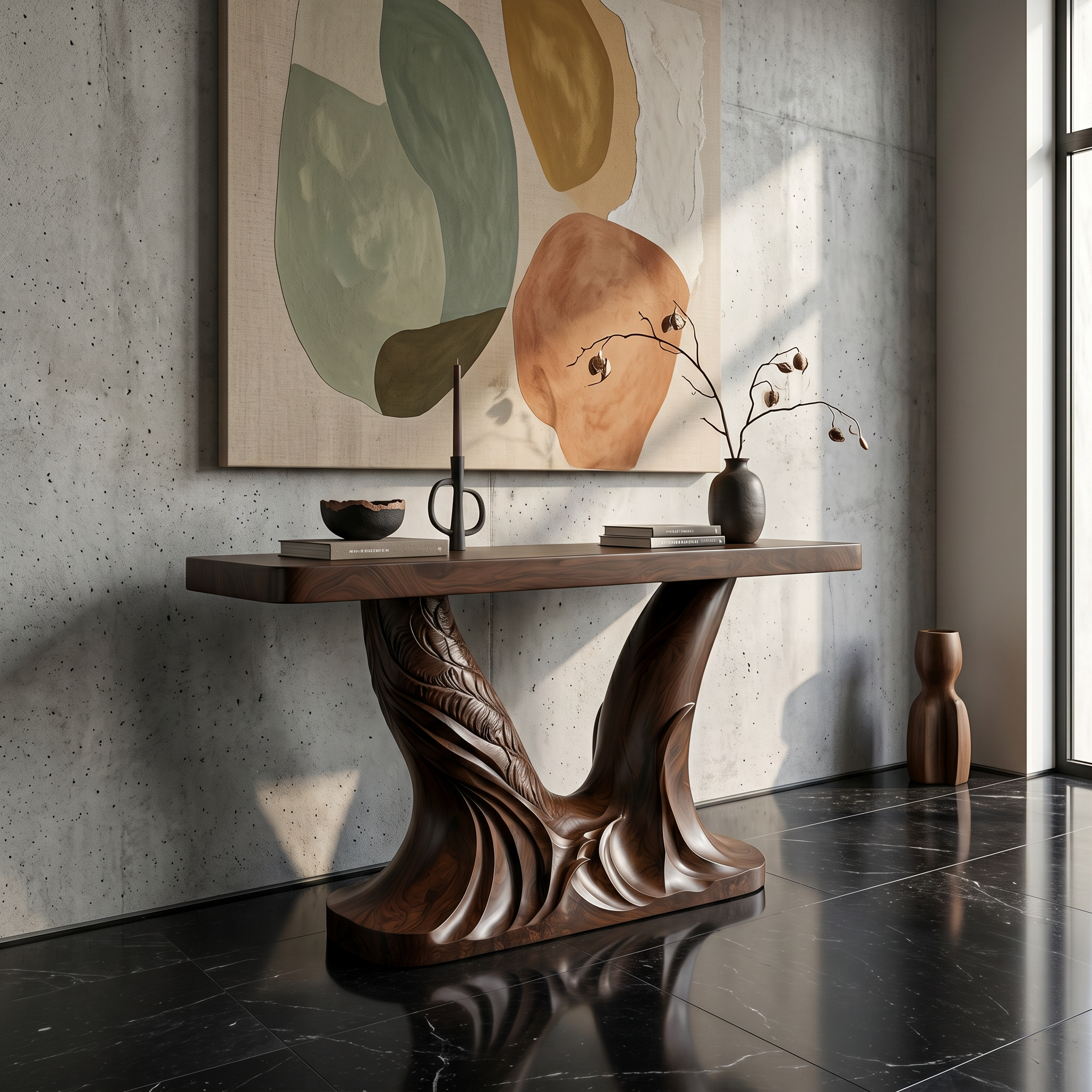 Organic Console Table With Sculptural Double Pedestal Base For Entryway SINLSACS628