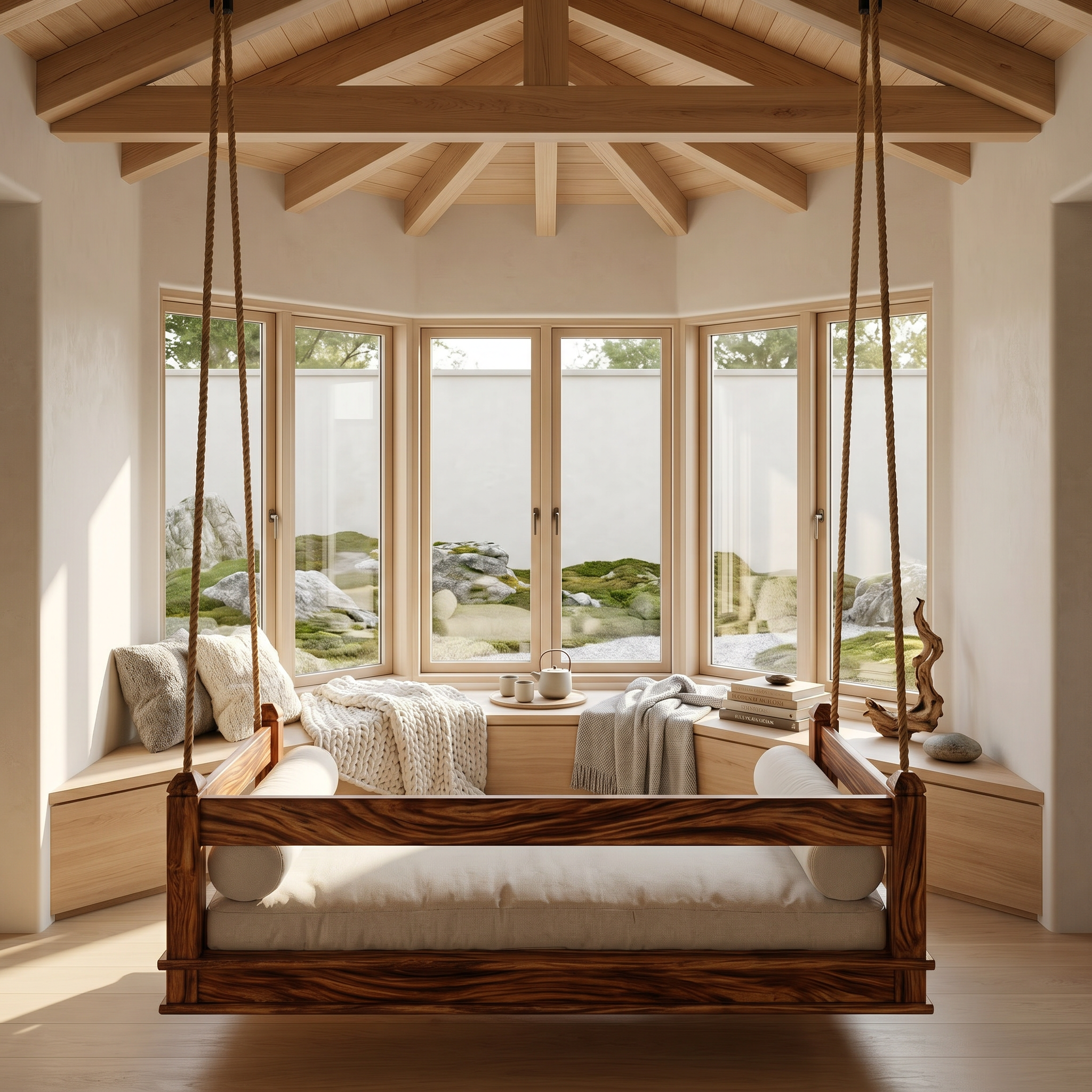 Mediterranean Wooden Hanging Daybed Swing Luxury Villa Patio SILDTTRSWI001
