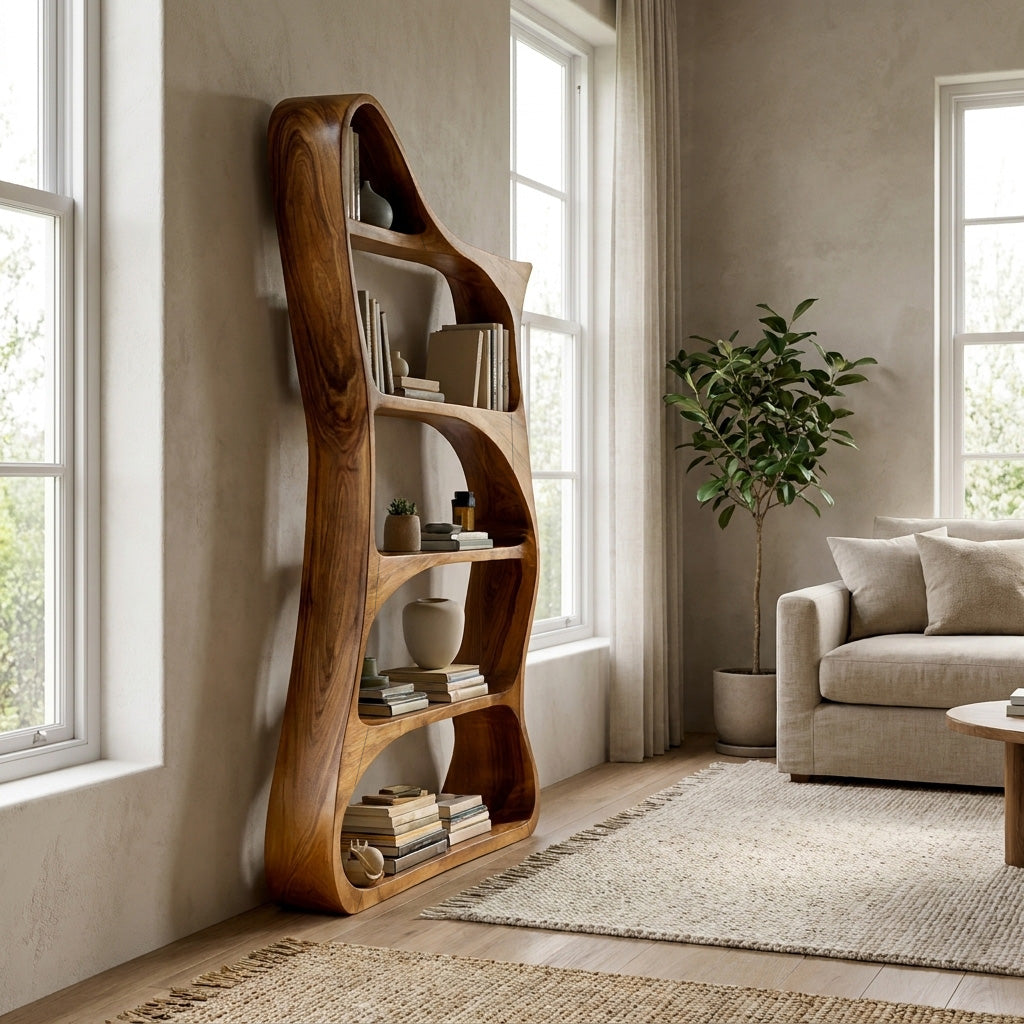 Modern Sculptural Natural Wood Bookshelf For Living Room RTTHHNBS162
