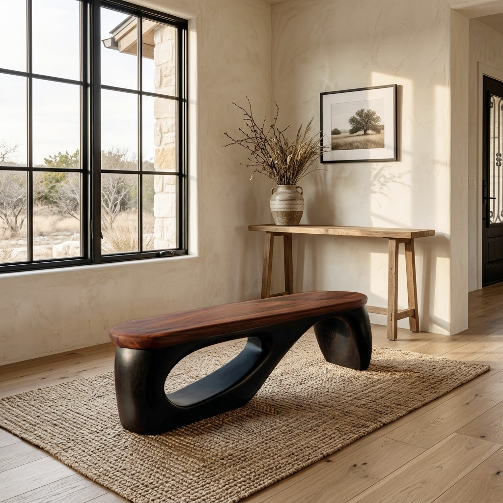 Organic Wooden Bench With Curved Black Base For Home RTTHHNCHR157