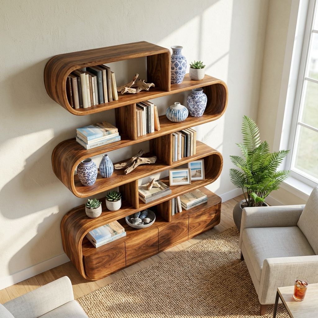 Organic Wooden Bookshelf With Flowing Form For Home Interior RTTHTTBS116