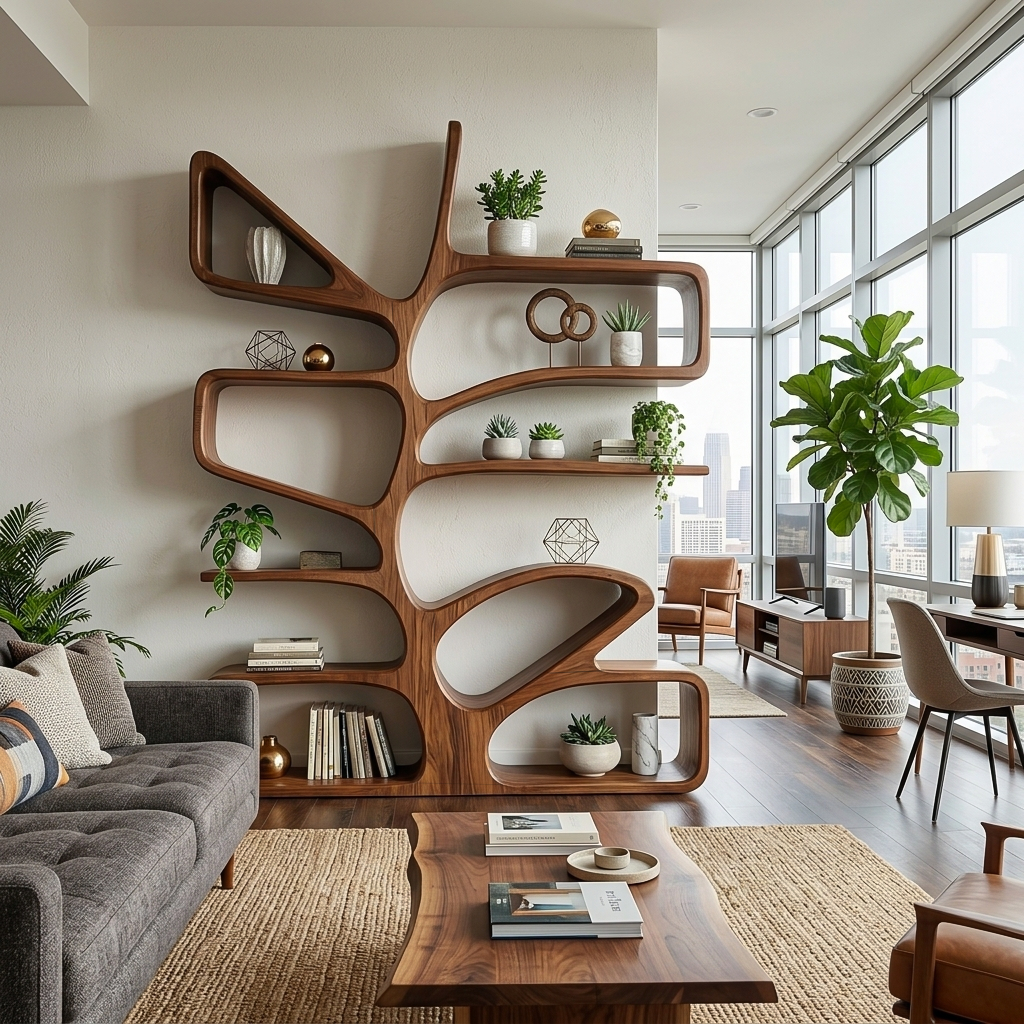 Organic Wooden Bookcase With Sculptural Form For Living Space RTTHTTBS130