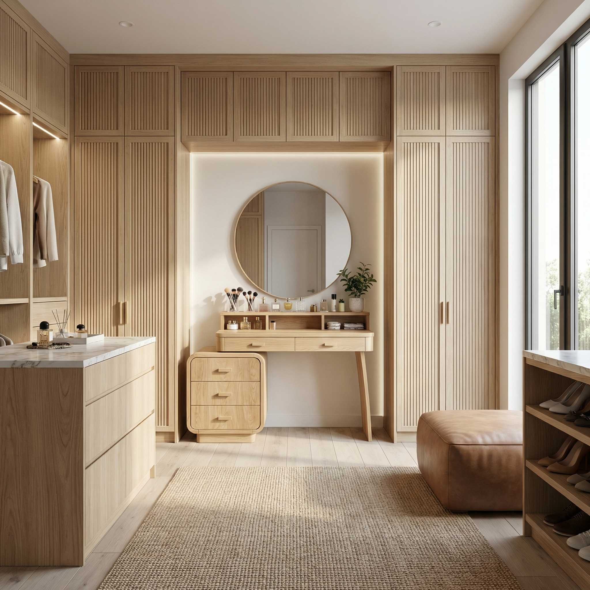 Mid Century Dressing Table With Storage Cabinet Soft Rounded Design For Bedroom SINLSABDT055