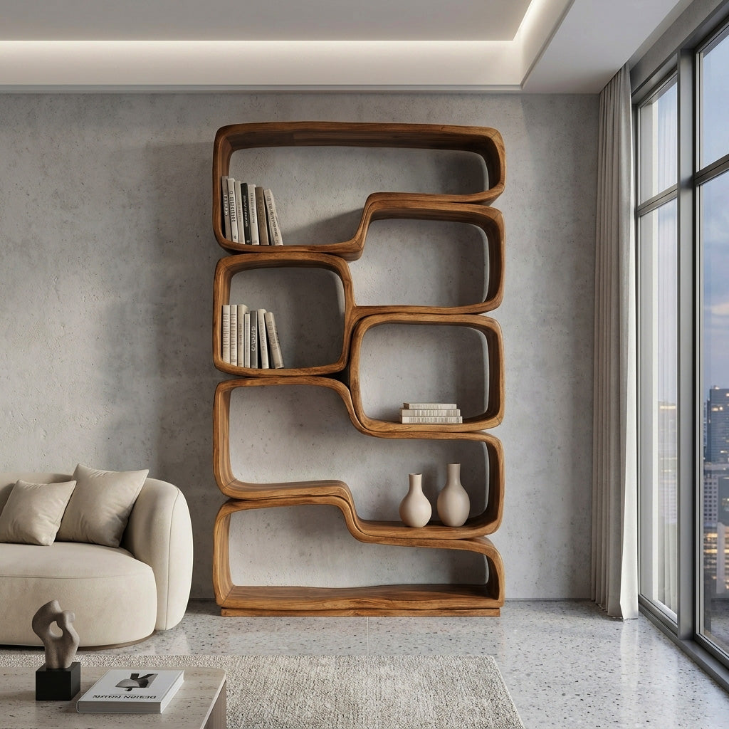 Contemporary Sculptural Natural Wood Bookshelf For Living Room RTTHHNBS163