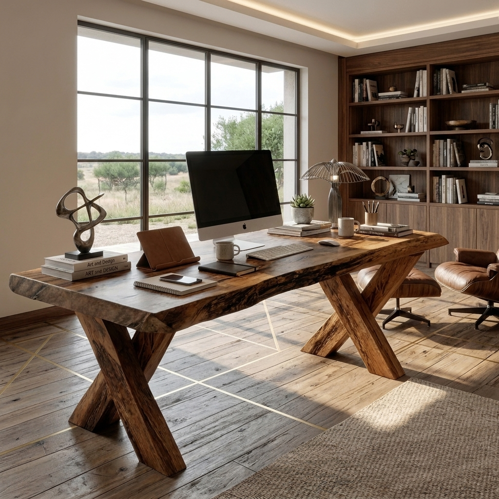 Rustic Live Edge Desk With X Legs For Home Office SITHTTDE035