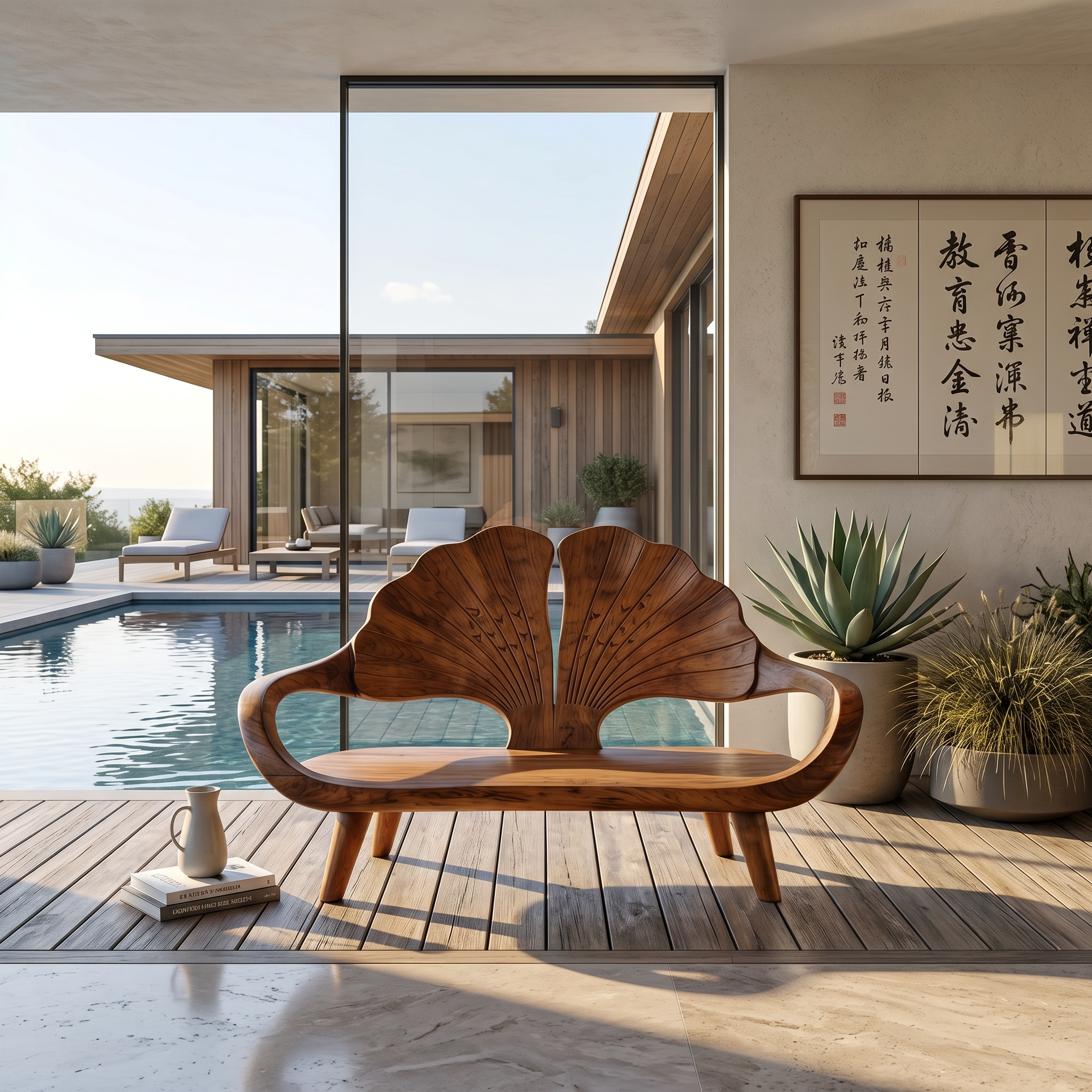 Minimalist Ginkgo Leaf Back Bench For Reading Interior Area SILDTTNBEN009