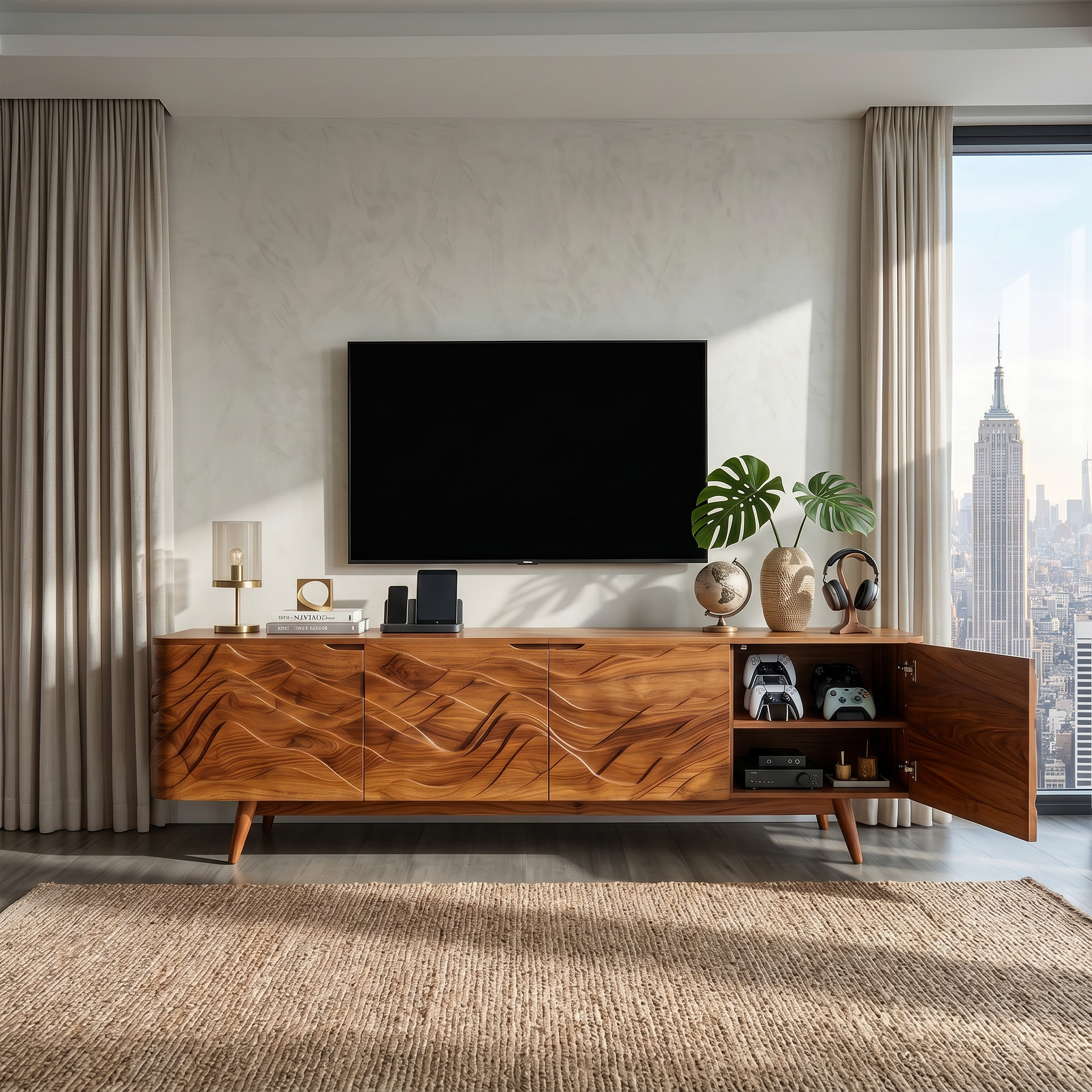 Handcrafted Wave Wood TV Stand For Media Room SILDTTRTVC074