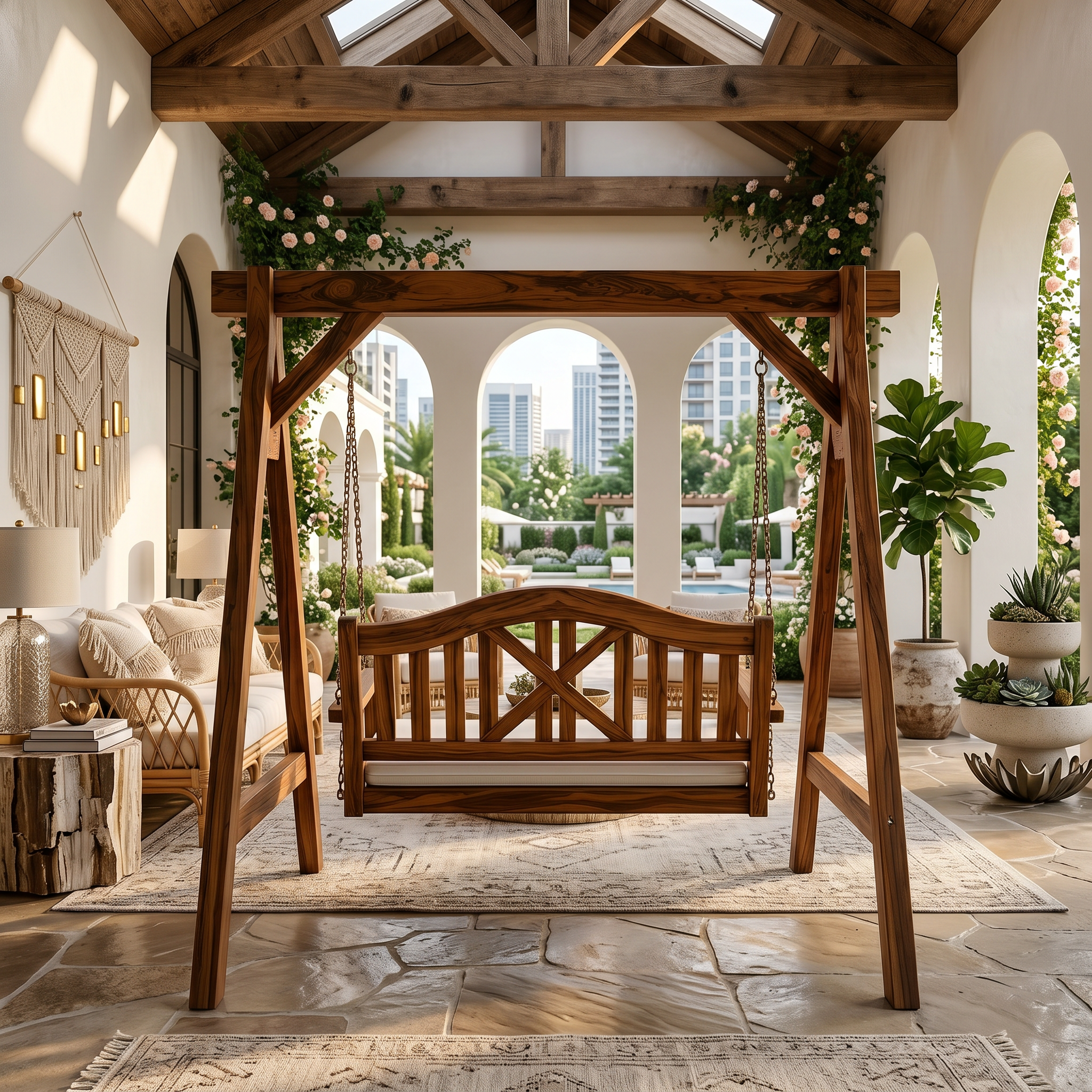 Mediterranean Wooden Swing Bench Villa Patio SILDTTRSWI014
