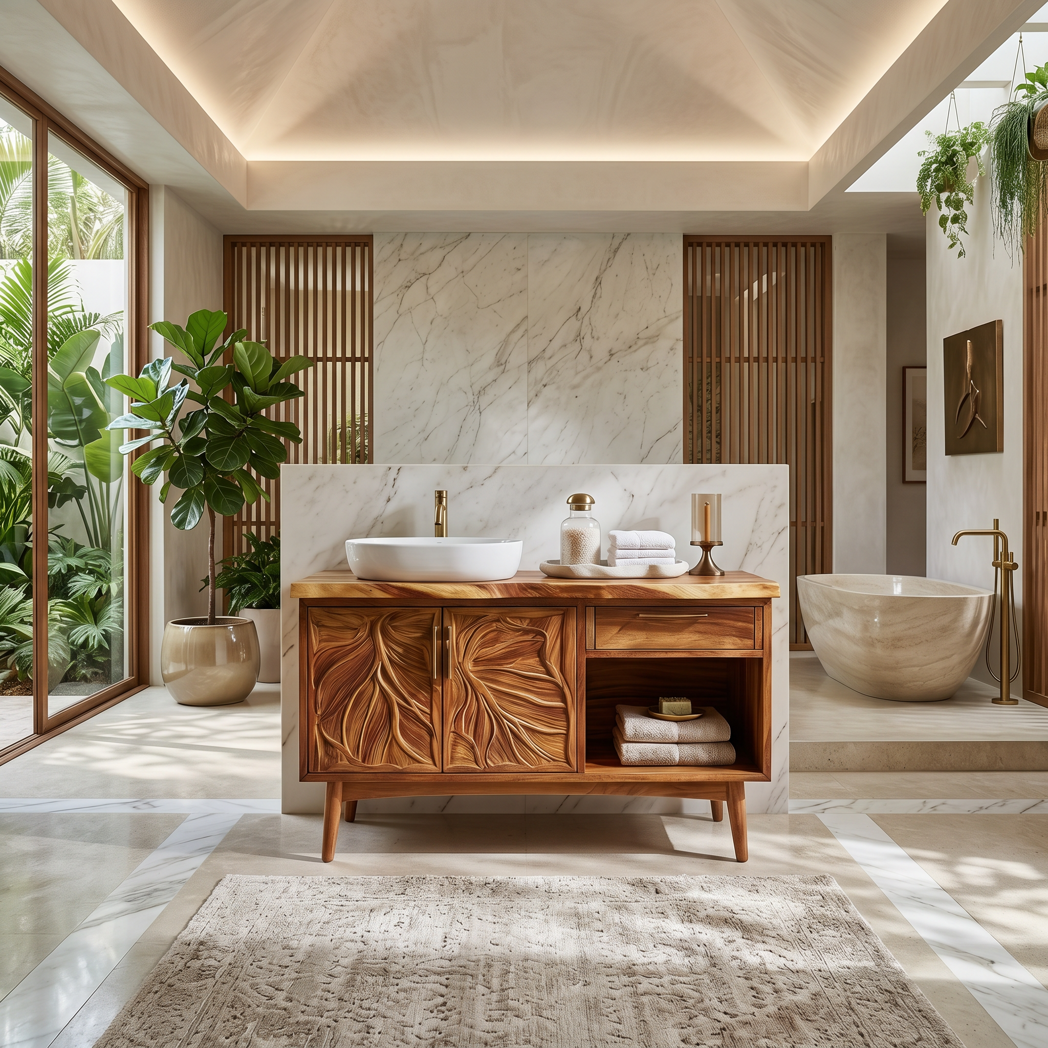 Tropical Wooden Vanity Cabinet With Carved Doors Spa Bathroom SILDTTRBRV142